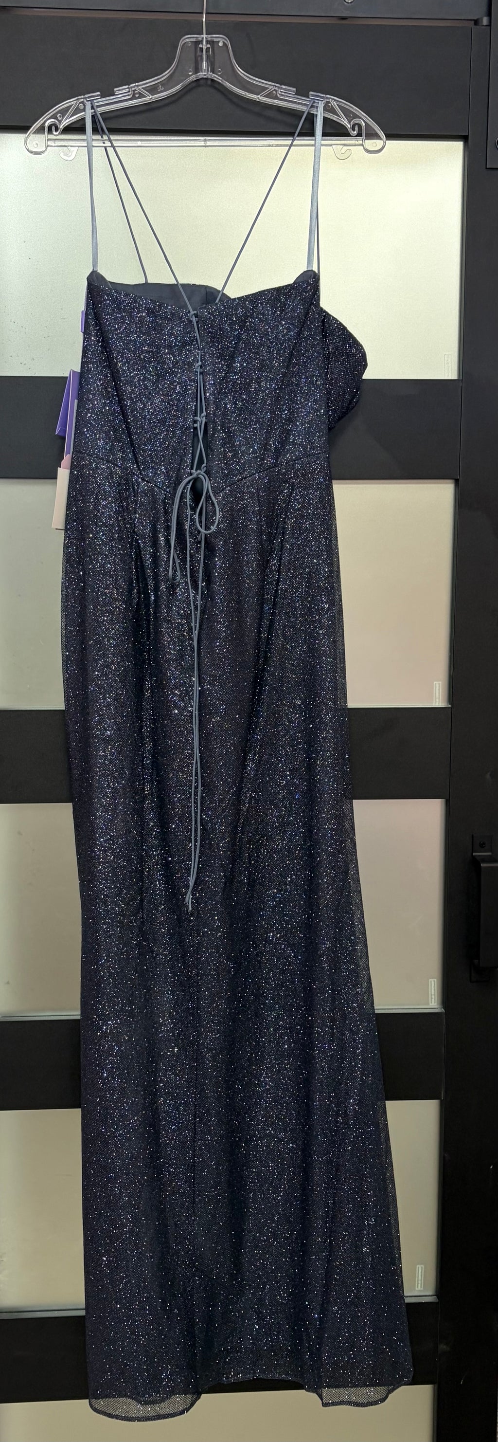 LaDivine by Cinderella Divine CD254 Charcoal Glitter Corset Gown with Draped Neckline