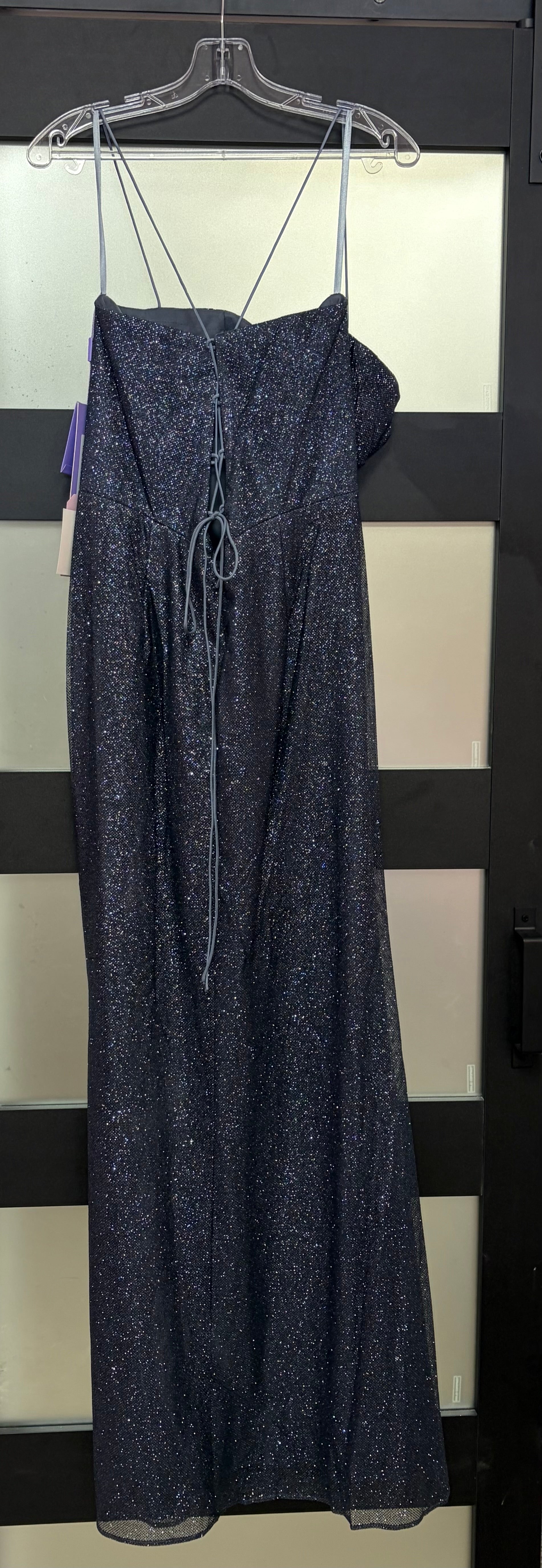 LaDivine by Cinderella Divine CD254 Charcoal Glitter Corset Gown with Draped Neckline