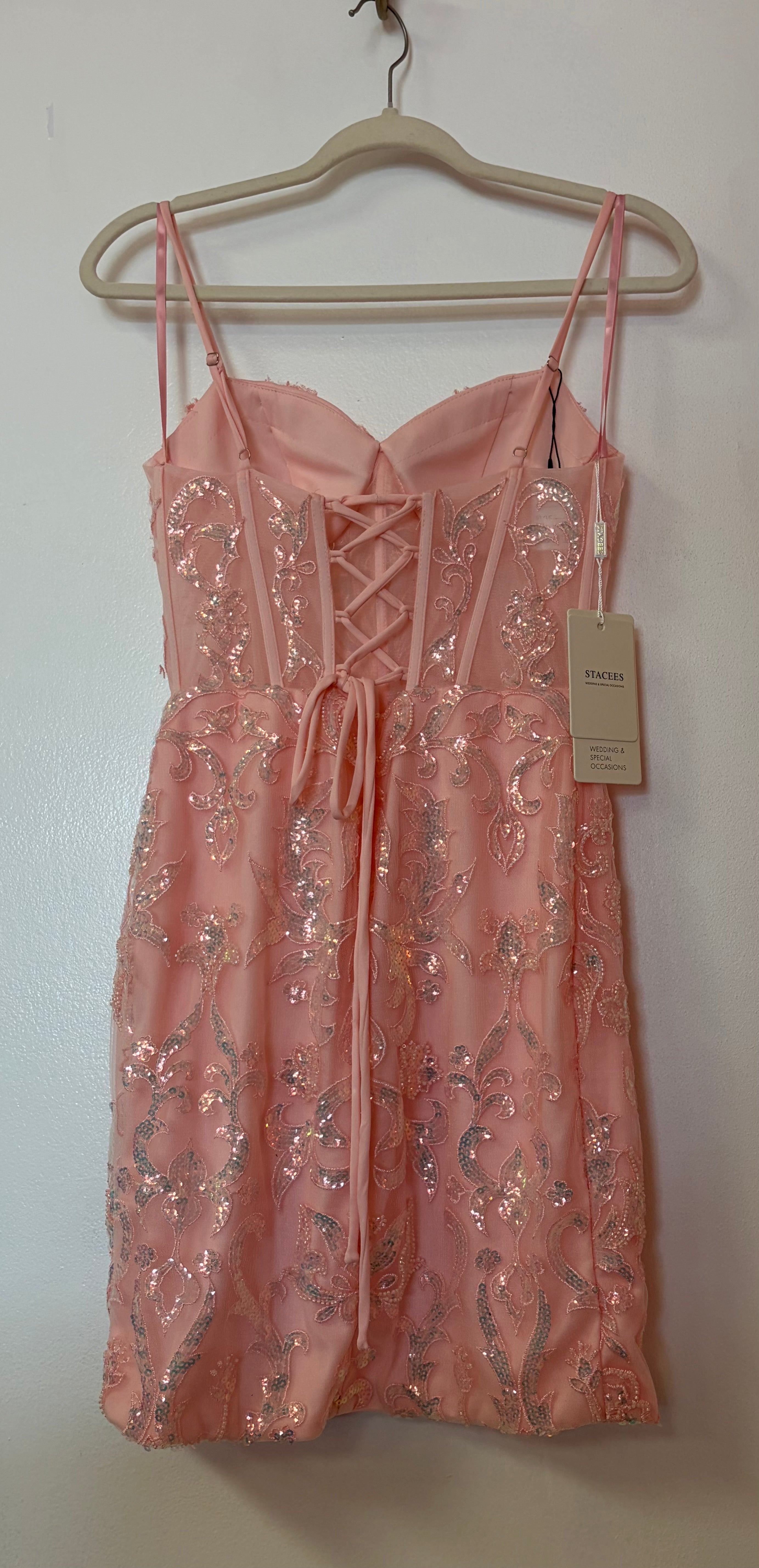 Stacees Pink Beaded Corset Homecoming Dress