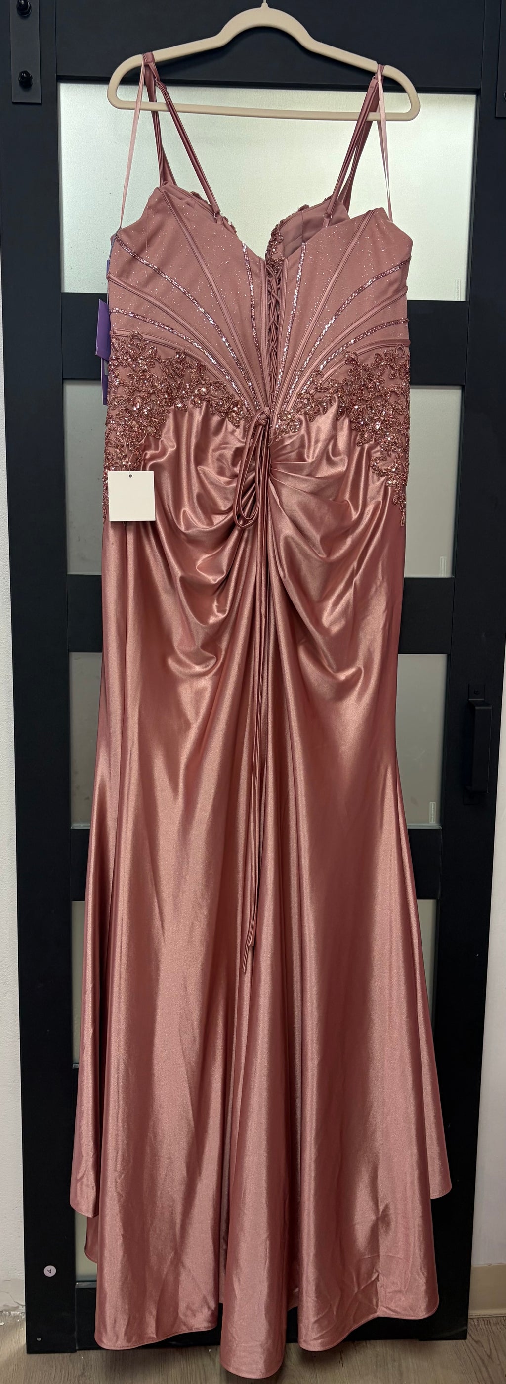 LaDivine KV1132C Rose Gold Metallic Satin Gown with Embellished Bodice