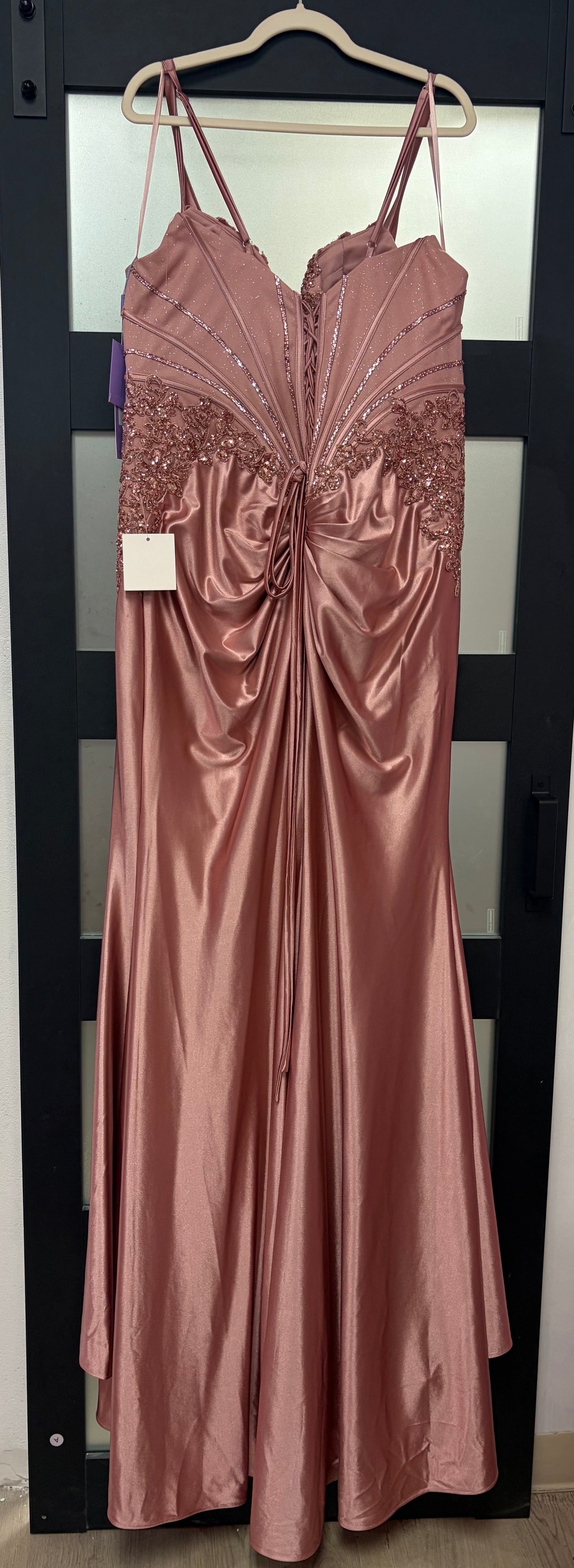LaDivine KV1132C Rose Gold Metallic Satin Gown with Embellished Bodice