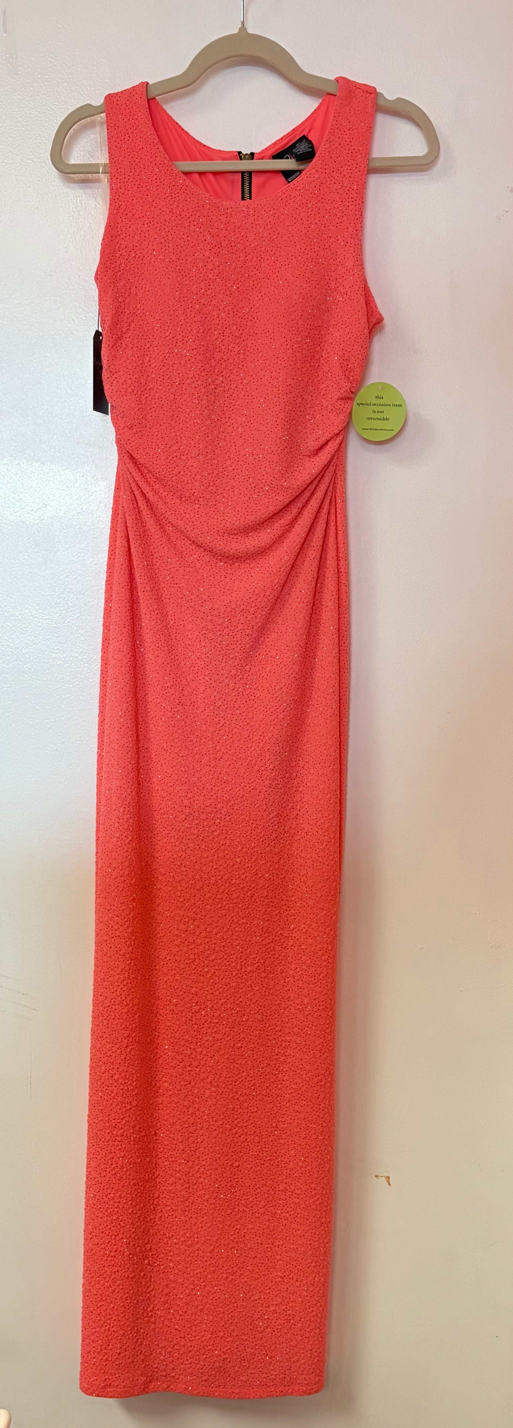 Windsor Neon Coral Rhinestone Column Gown with Side Ruching and Full-Length Back Zipper