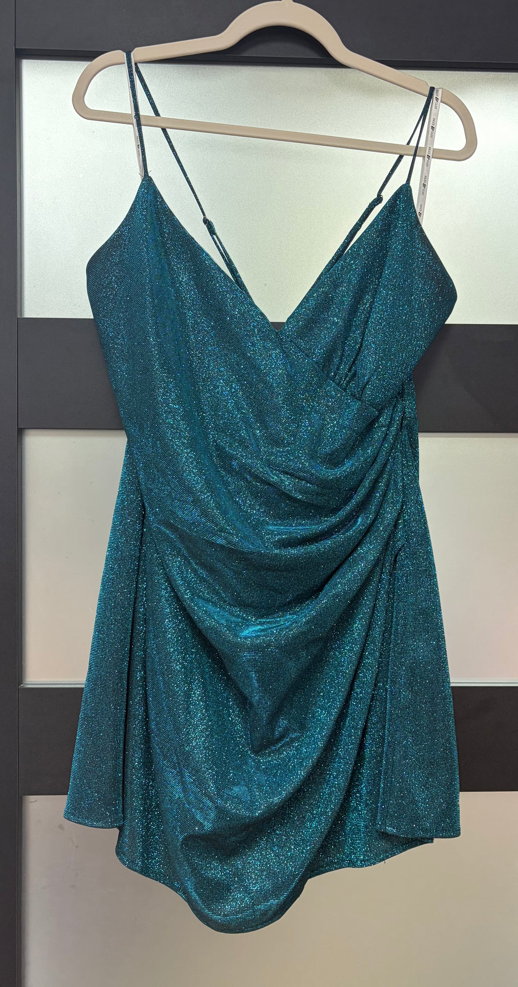 Jules & Cleo Teal Metallic Ruched Homecoming Dress with Open Back