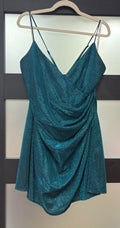 Jules & Cleo Teal Metallic Ruched Homecoming Dress with Open Back