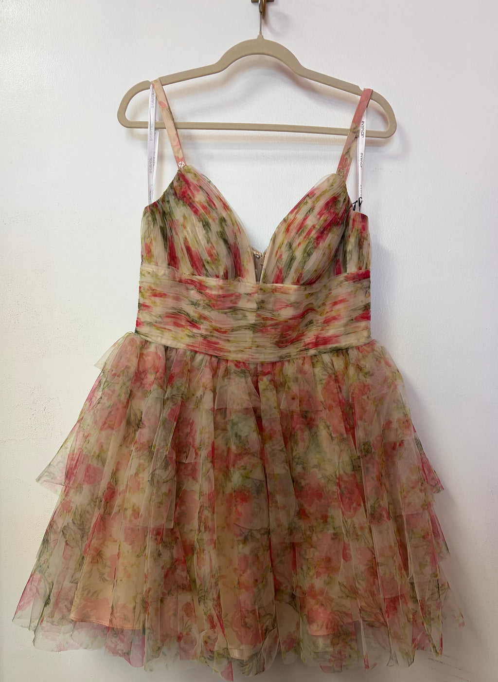 Jovani 40505 Pink Watercolor Floral Homecoming Dress with Removable Ruffle Sleeves and Layered Skirt