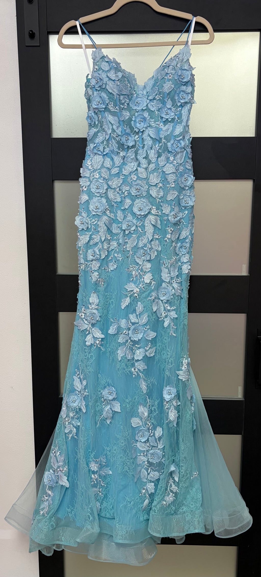 Rachel Allan 7145 Sky Blue 3D Floral Mermaid Gown with Lace-Up Back