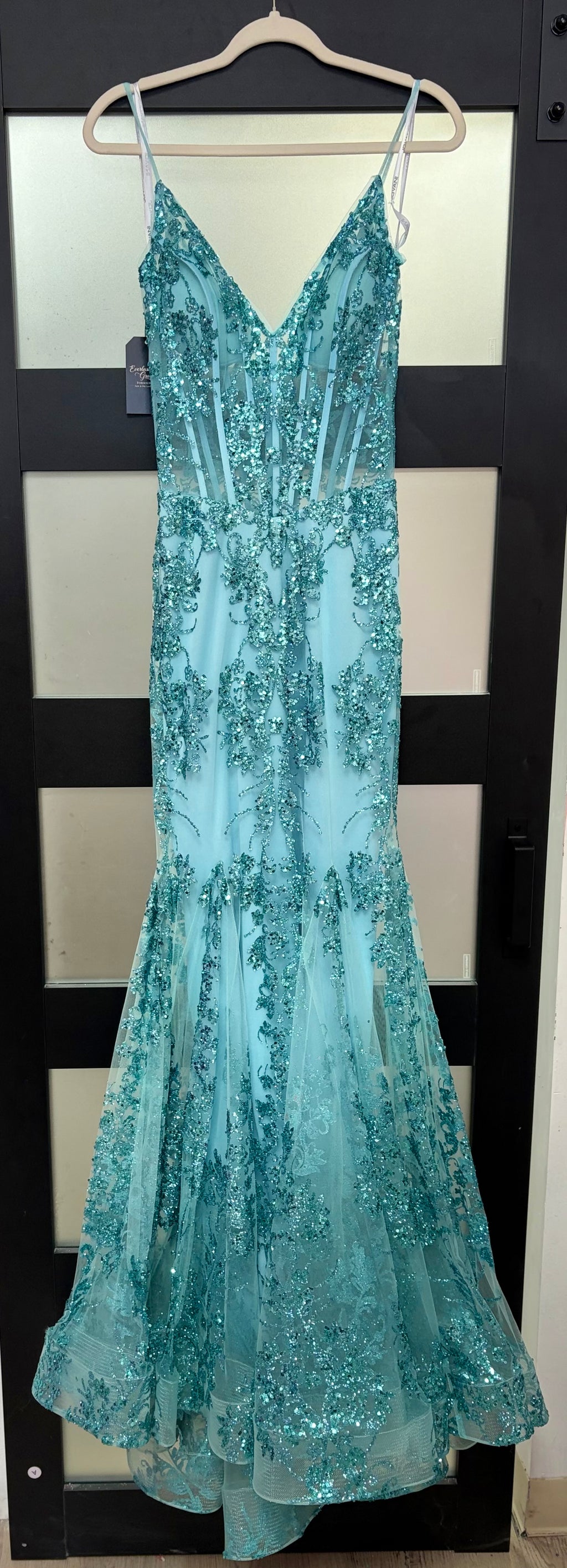 Jovani 3675 Aqua Beaded Mermaid Prom Dress with Sheer Corset Bodice