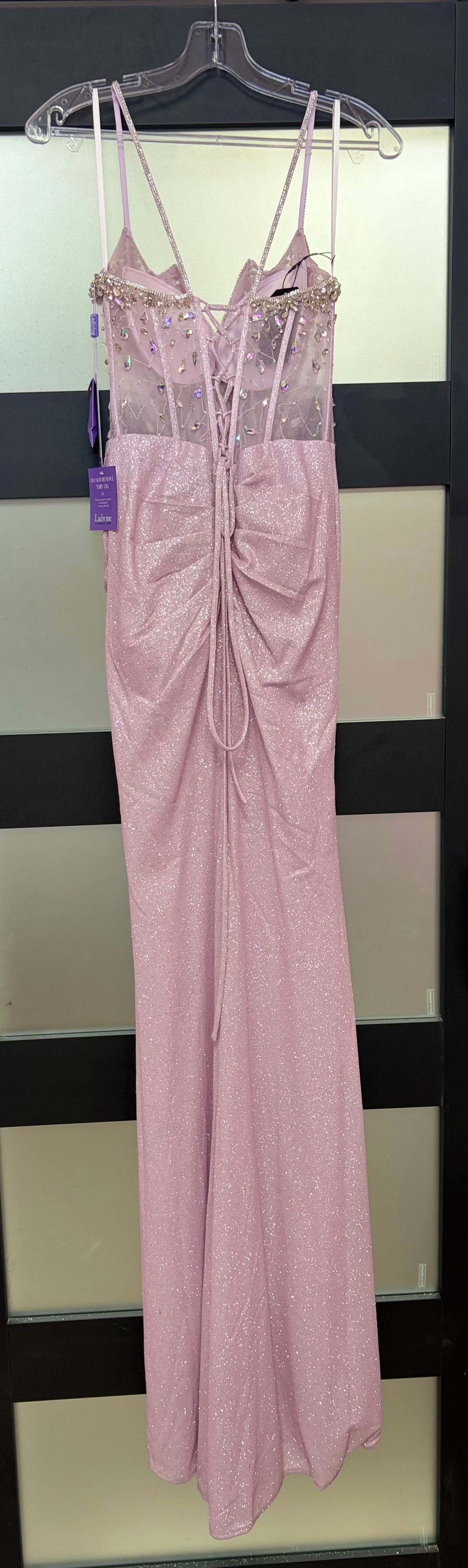 LaDivine J4305 Glitter Fitted Prom Gown with Beaded Corset Bodice