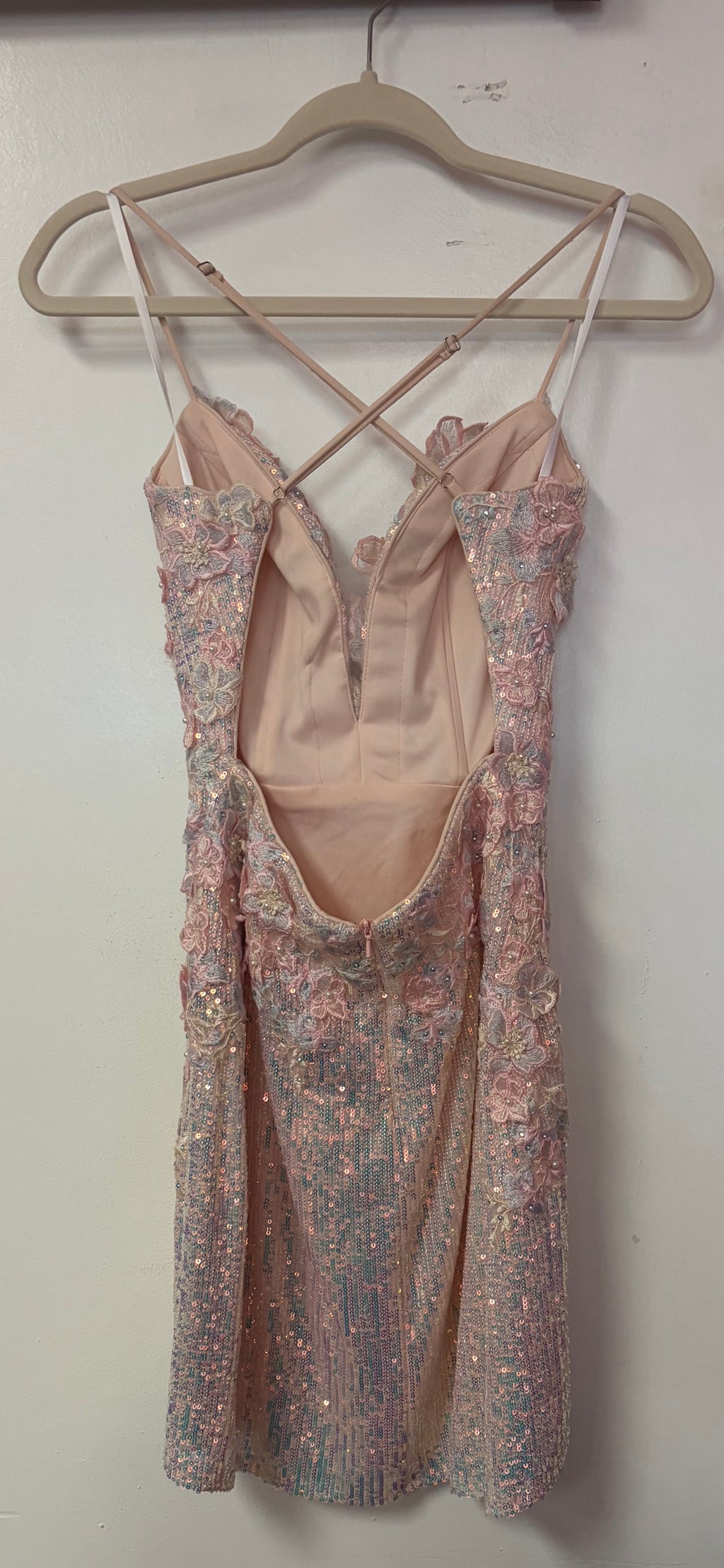 Alyce Paris Blush Multi-Color Floral Sequin Lace-Up Mini Dress