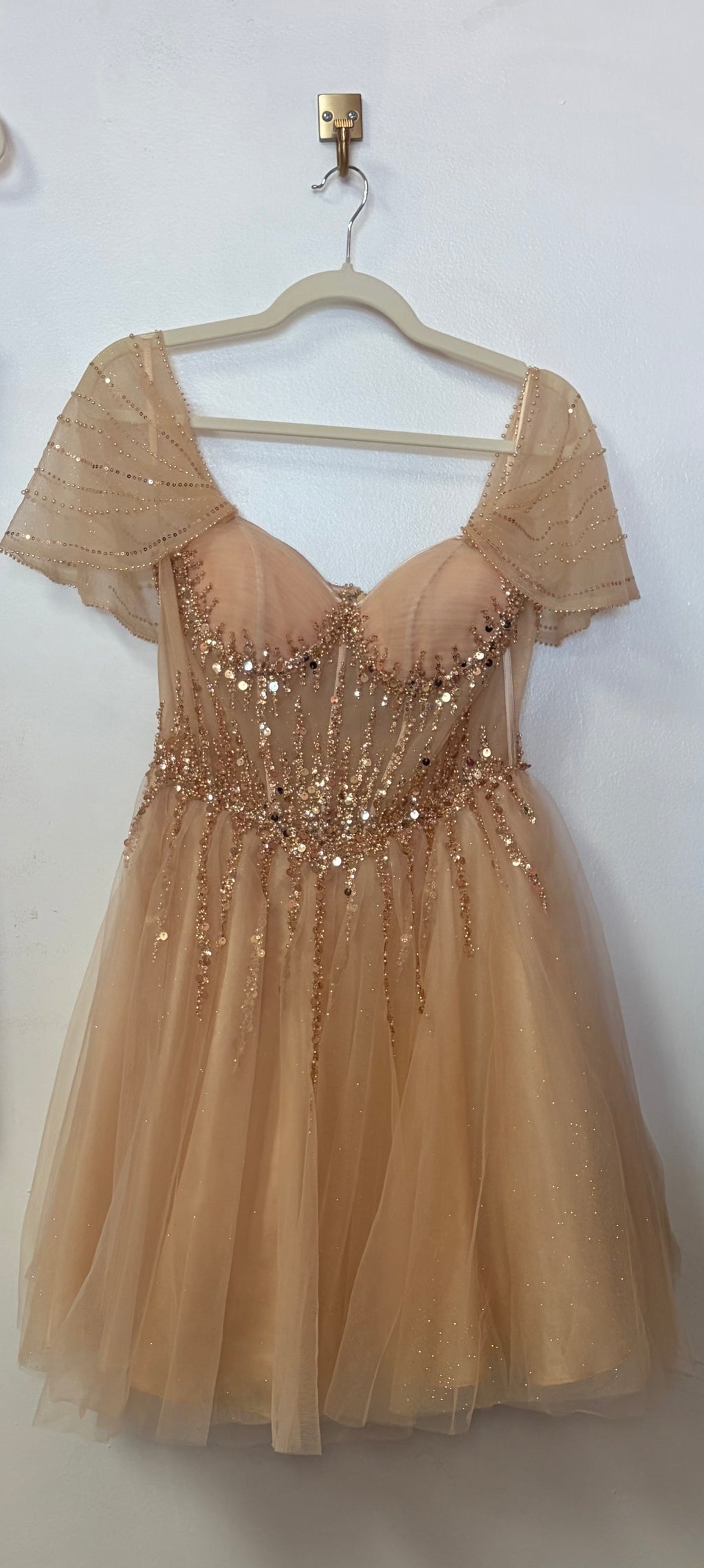 LaDivine CD0211 Champagne Beaded Tulle Homecoming Dress with Flutter Sleeves and Sparkling Corset Bodice