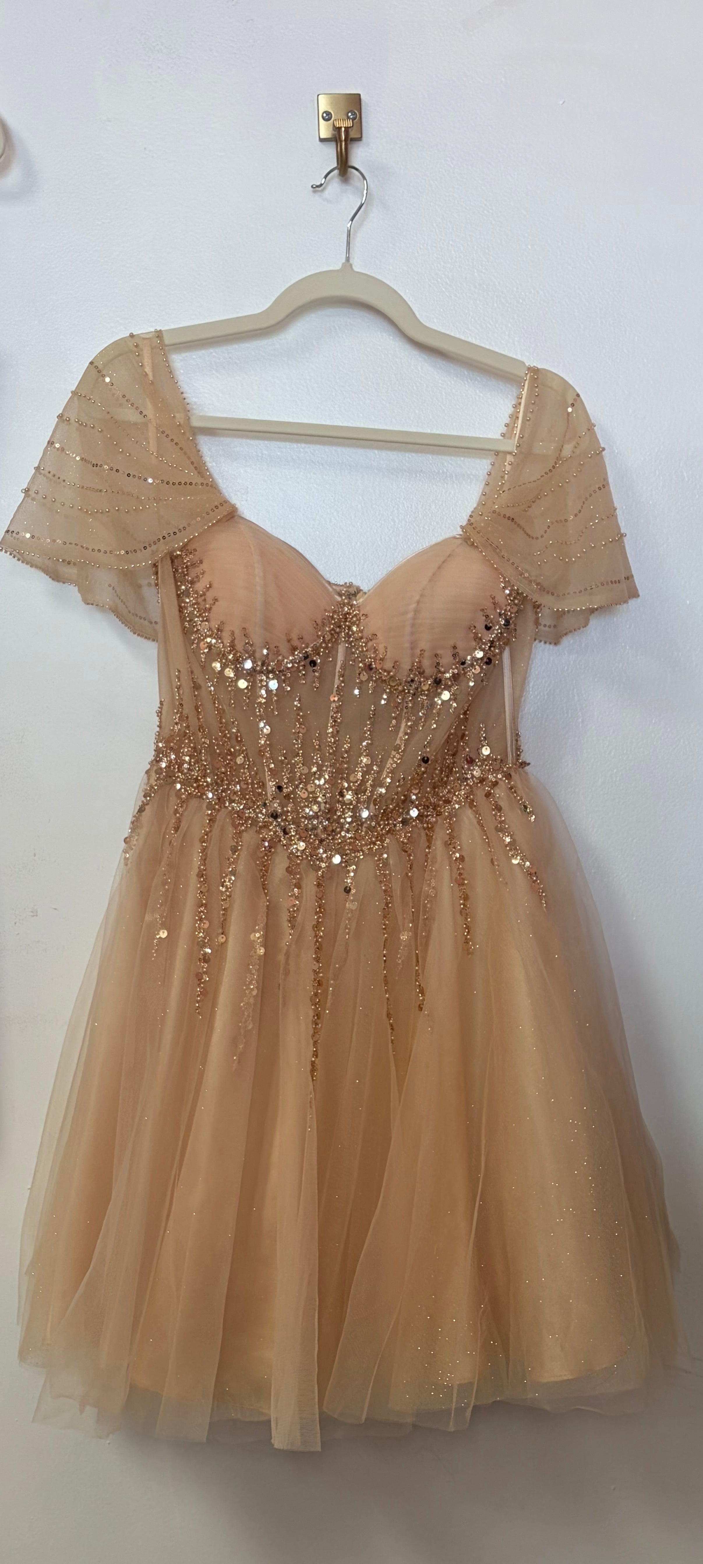 LaDivine CD0211 Champagne Beaded Tulle Homecoming Dress with Flutter Sleeves and Sparkling Corset Bodice