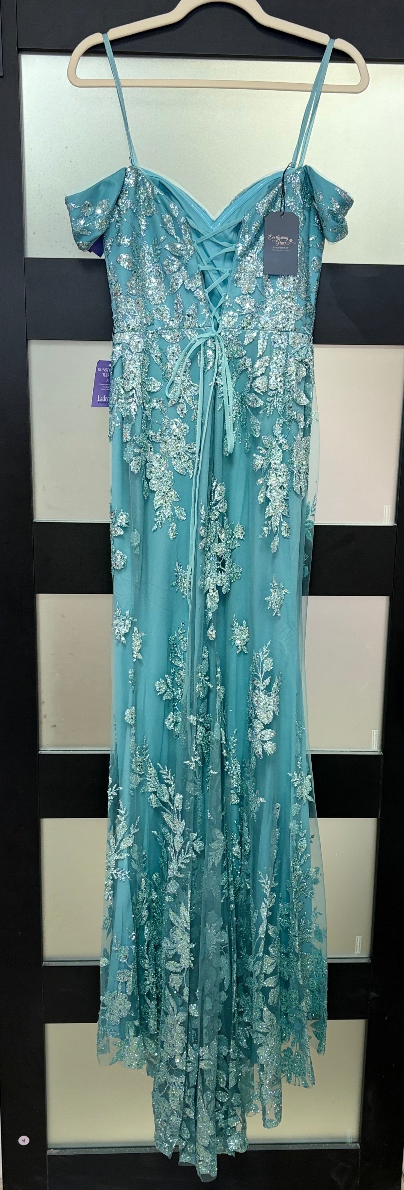 LaDivine OC014 Dusty Blue Embroidered Off-Shoulder Formal Gown