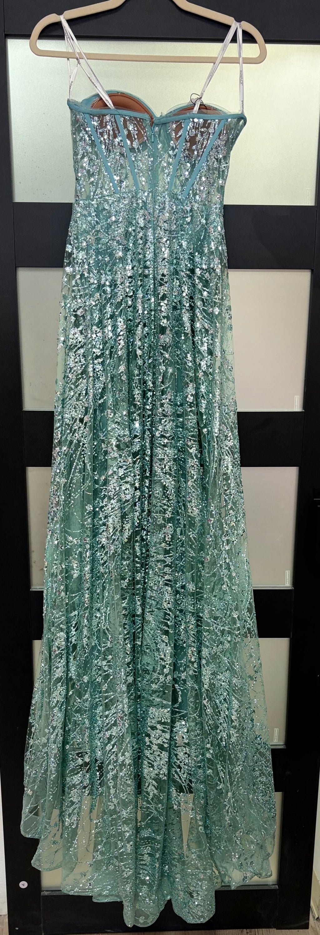 Jovani 36736 Turquoise Glitter Corset Gown with Overskirt