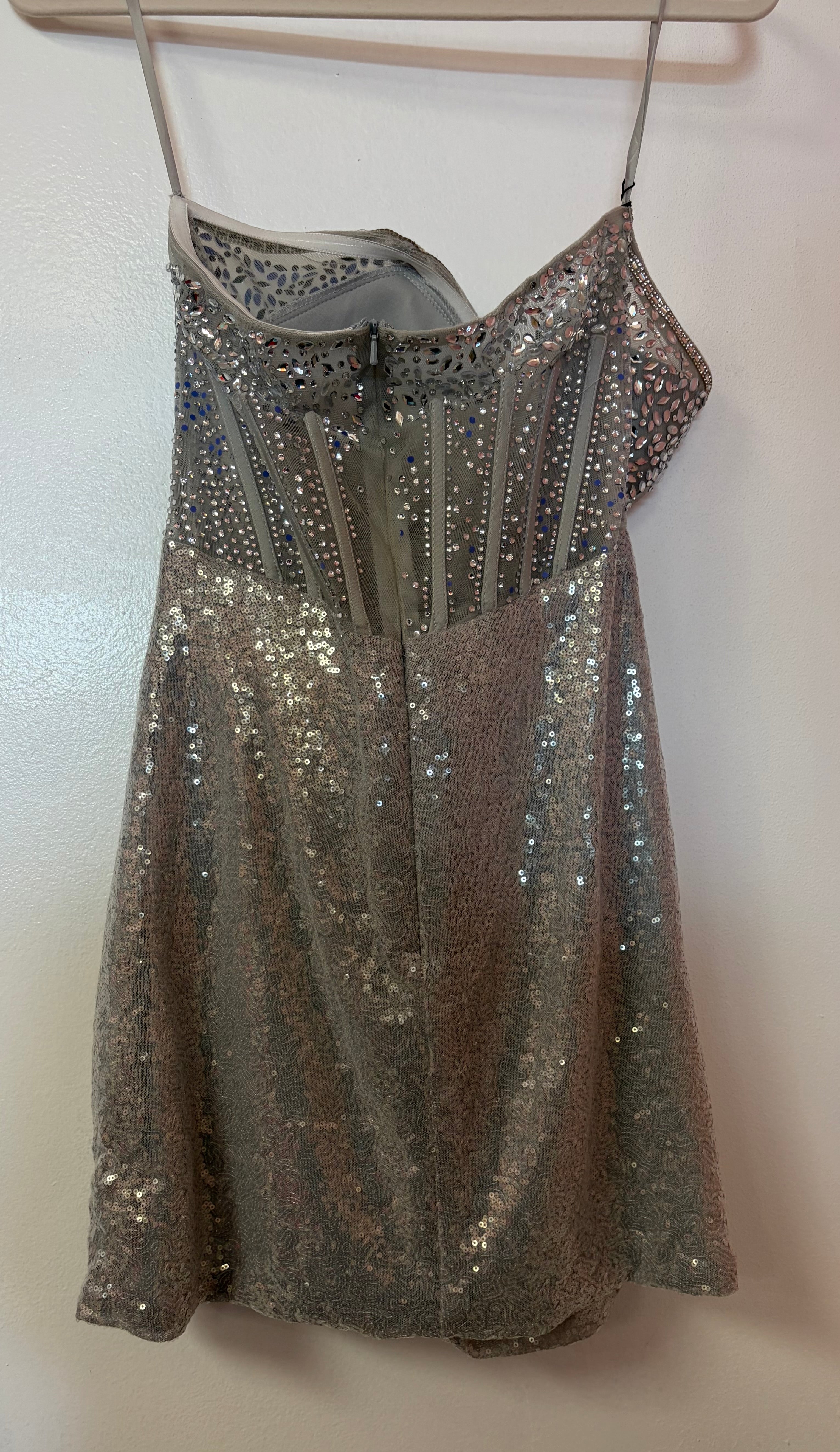 Silver Sequin Strapless Homecoming Dress with Rhinestone Bodice and Draped Skirt