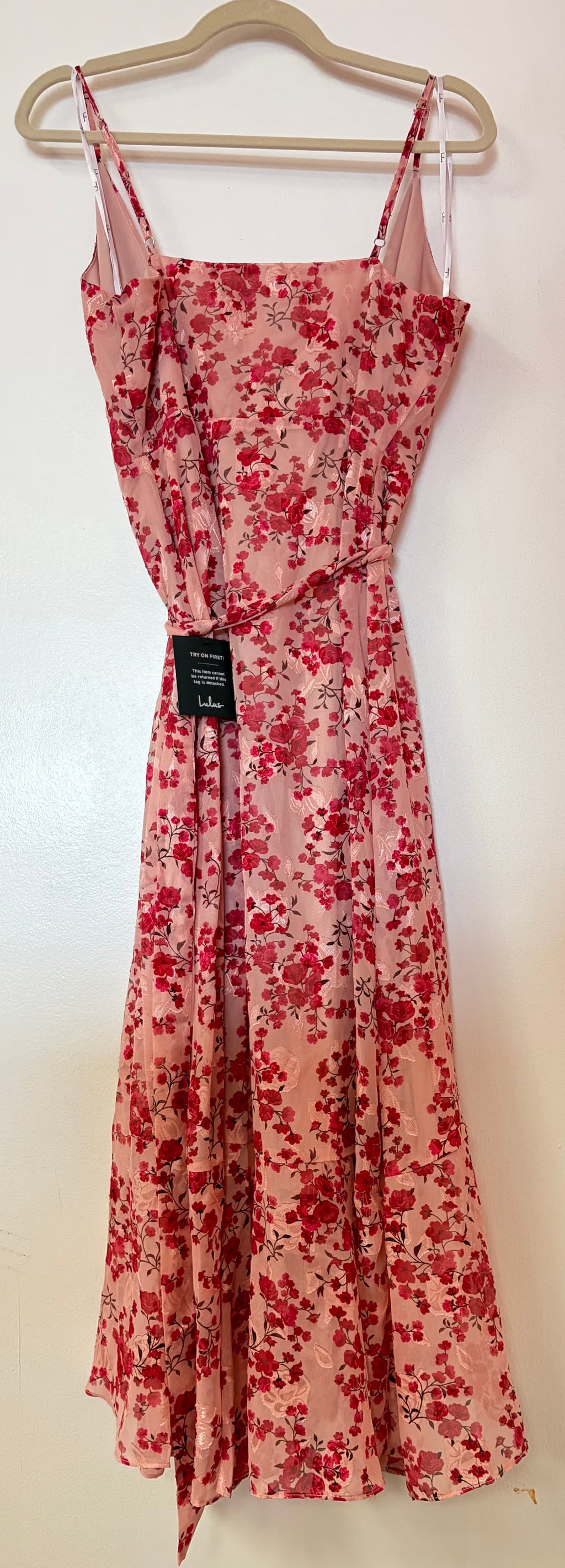 Lulus Blush Pink Floral Wrap Midi Dress with High-Low Hem and Waist Tie