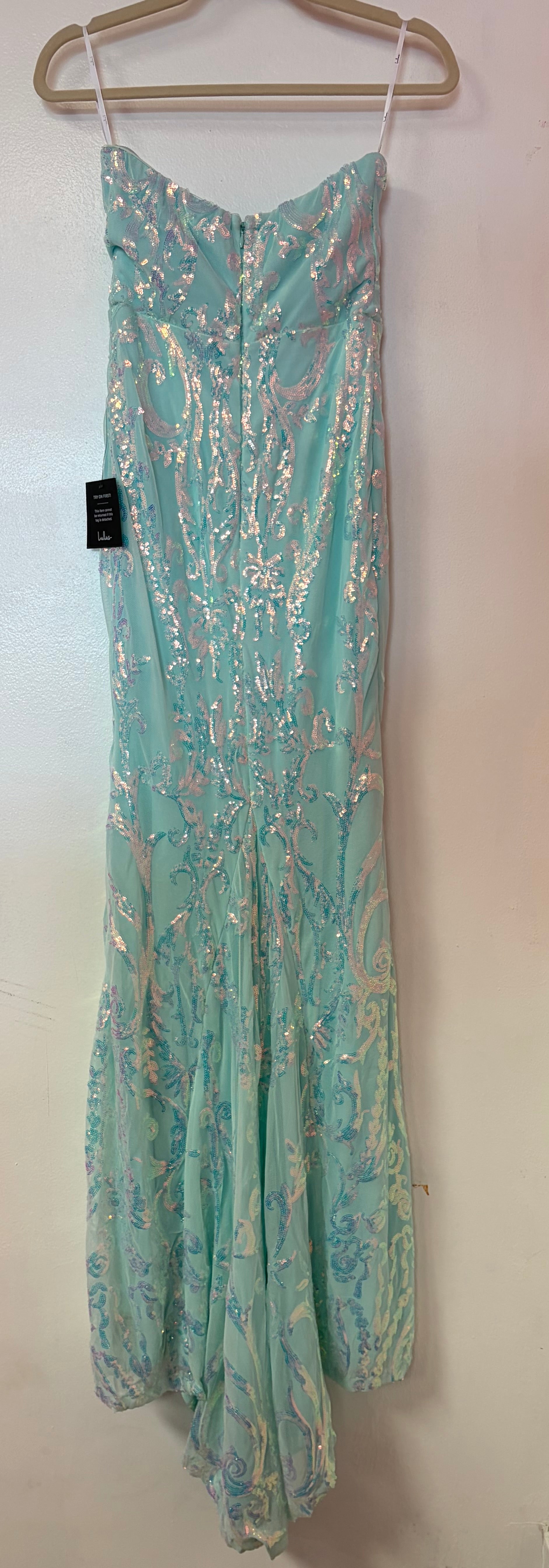 Lulus Aqua Sequin Strapless Corset Gown with Iridescent Embellishment