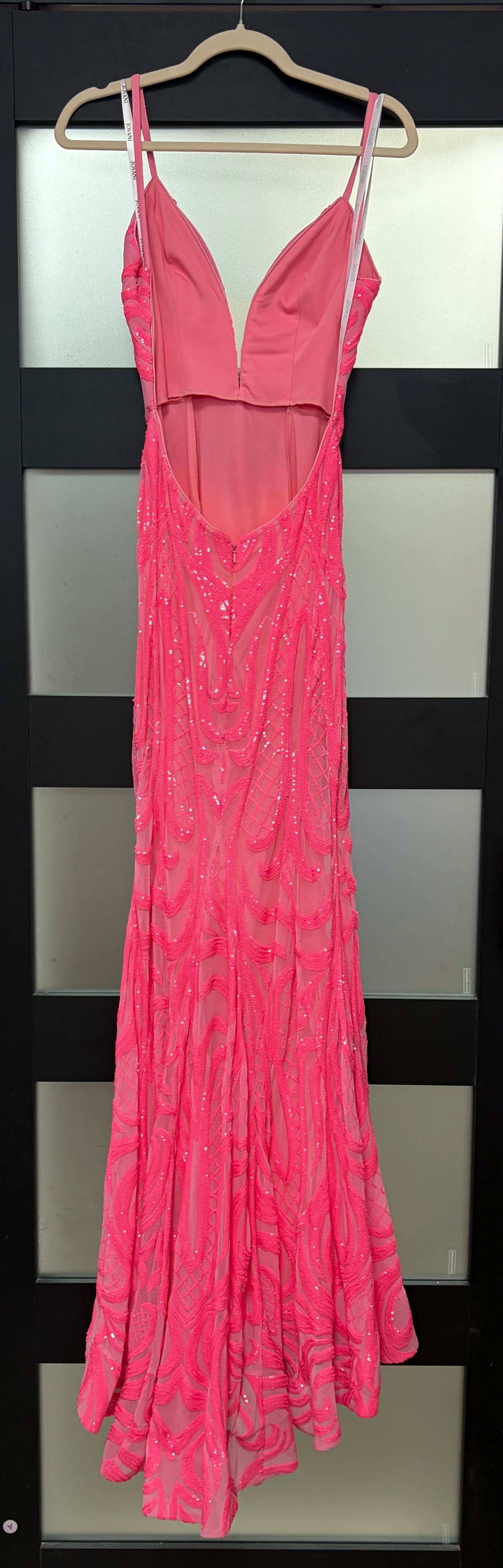 Jovani Neon Pink Beaded Illusion Column Gown with Open Back