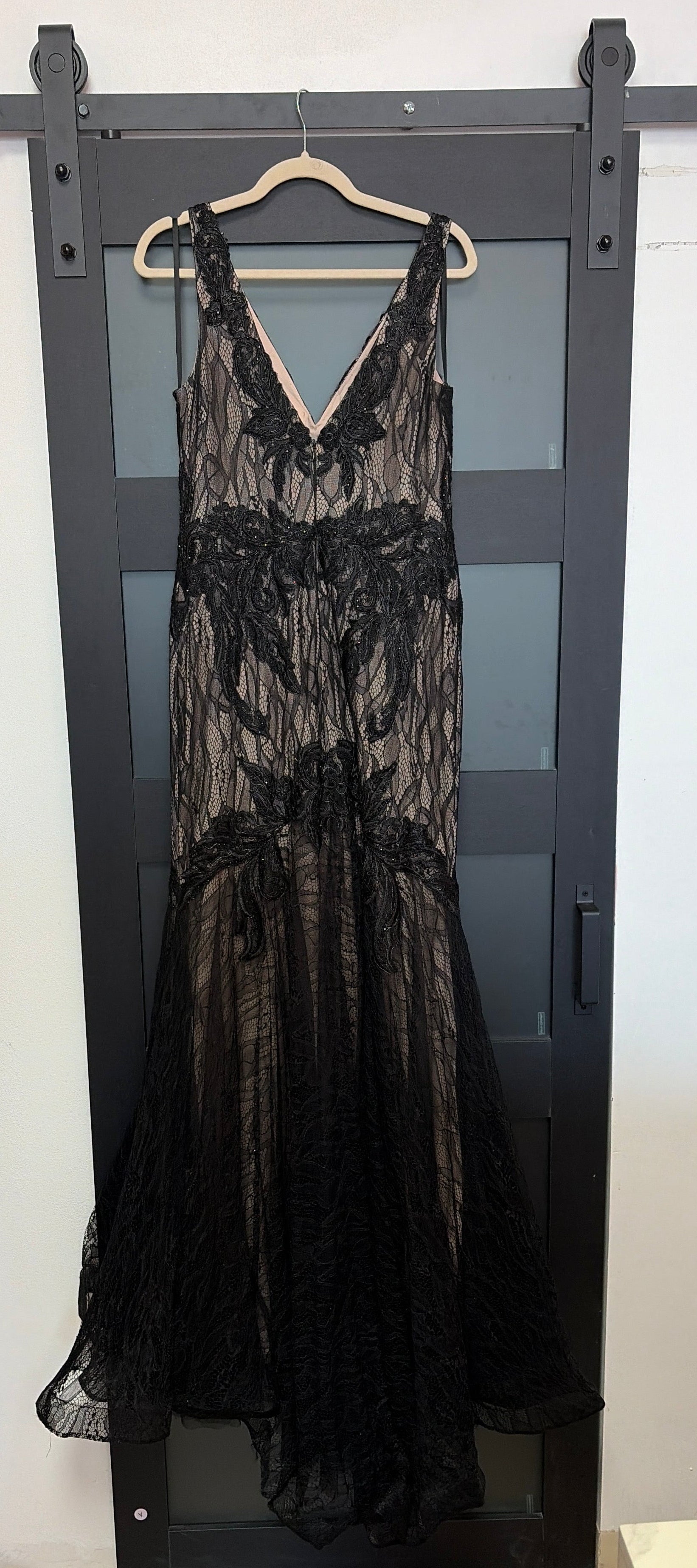 Betsy & Adam nude and black lace gown