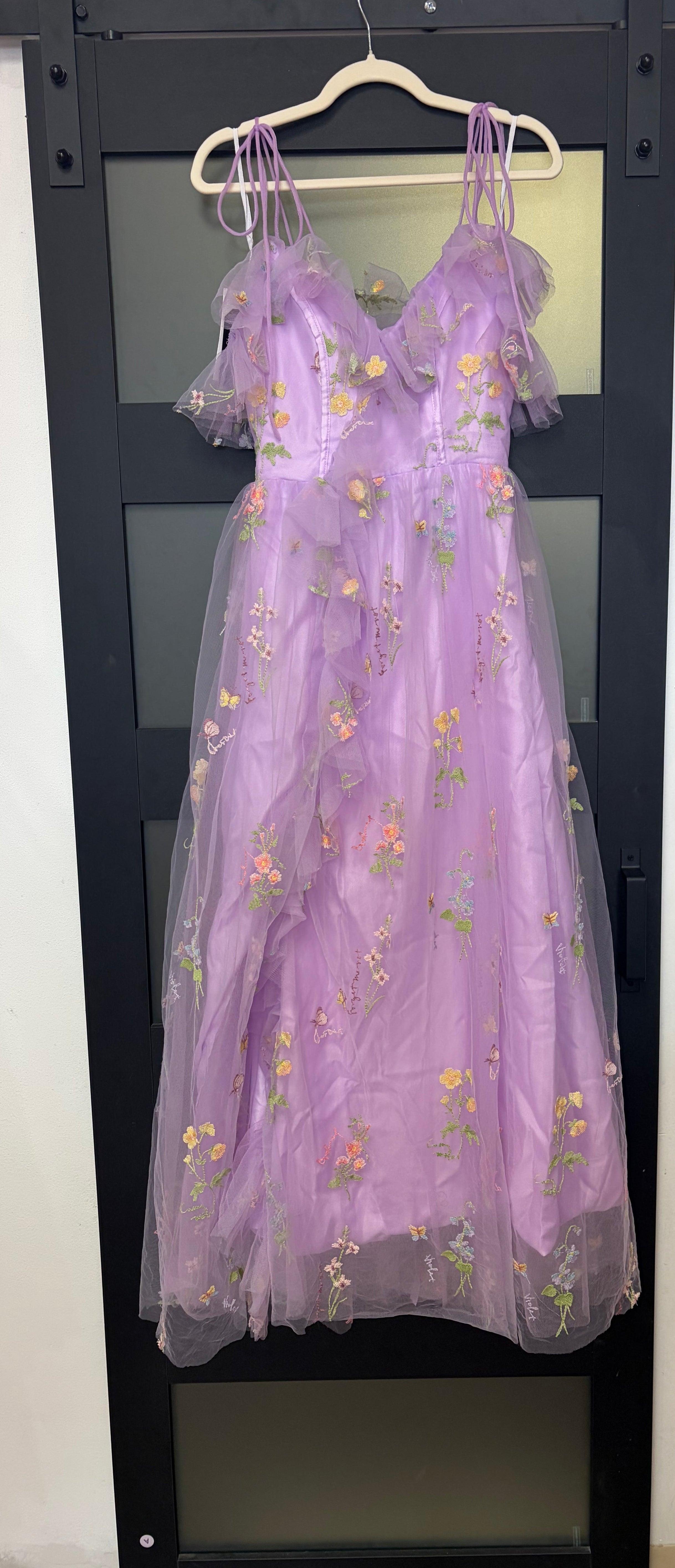 Lavender Cottagecore Embroidered Tulle Evening Dress