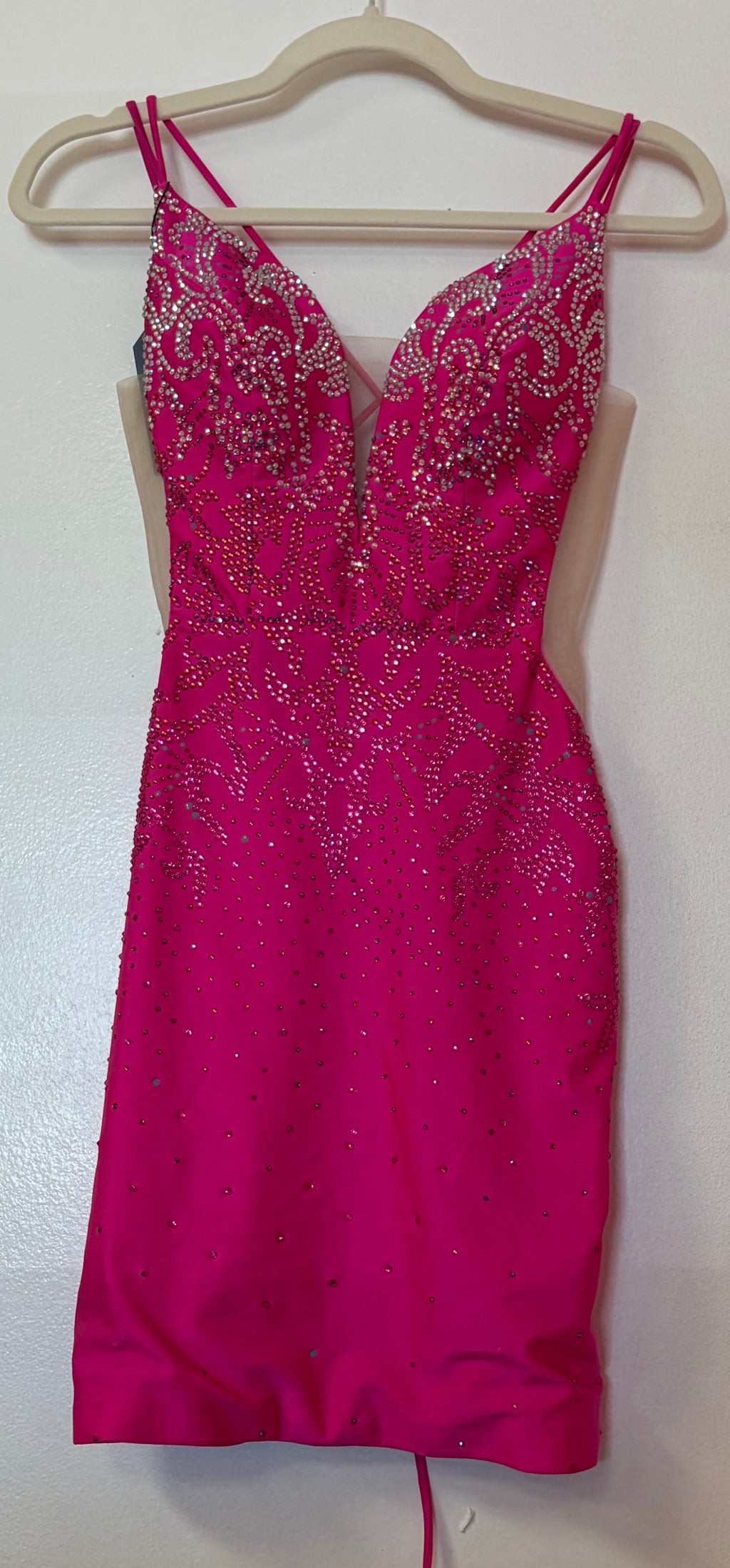 Amarra 87148 Hot Pink Rhinestone Homecoming Dress with Plunging Neckline and Lace-Up Open Back