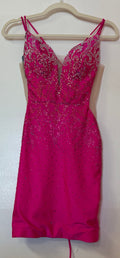 Amarra 87148 Hot Pink Rhinestone Homecoming Dress with Plunging Neckline and Lace-Up Open Back