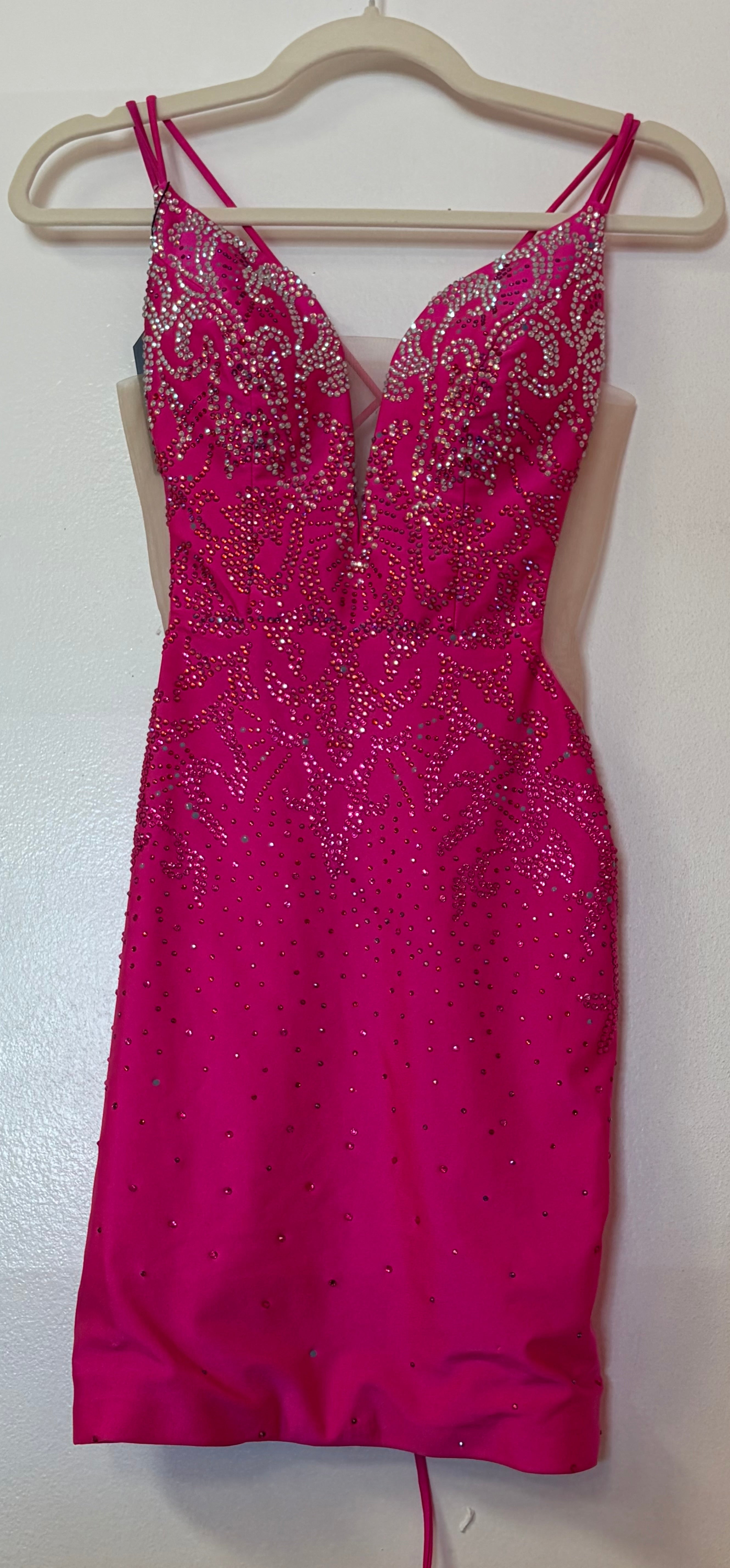 Amarra 87148 Hot Pink Rhinestone Homecoming Dress with Plunging Neckline and Lace-Up Open Back
