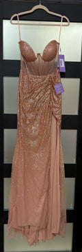 LaDivine CB084 Rose Gold Glitter Corset Gown with Draped Leg Slit