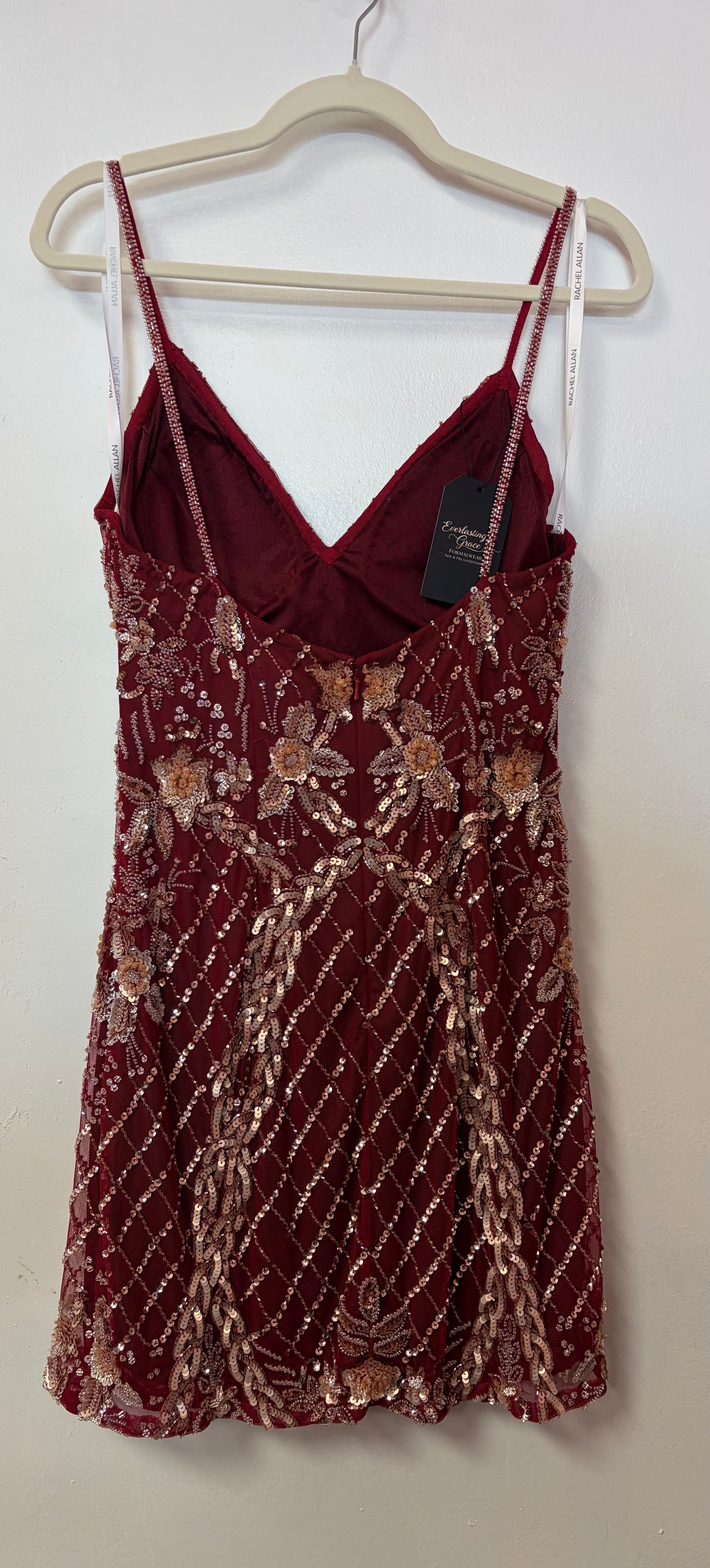 Rachel Allan 40073 Burgundy Beaded Homecoming Dress with Rose Gold Floral Embellishments