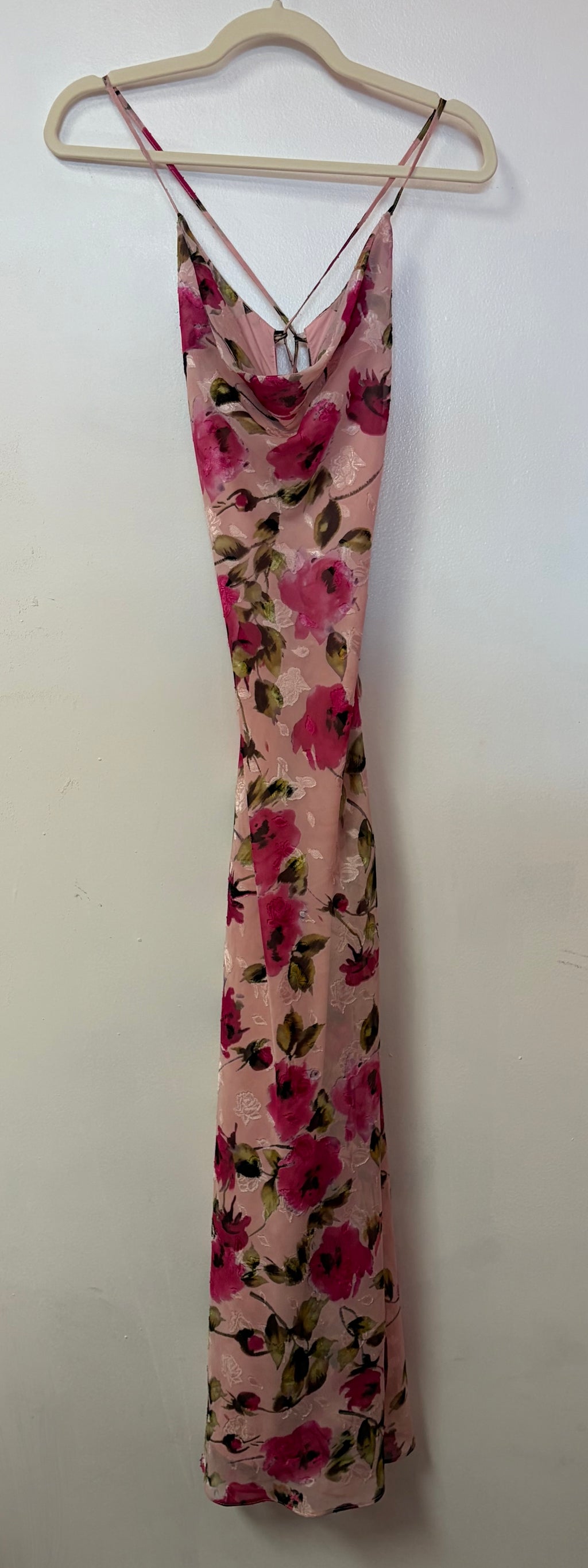 More to Come Blush Pink Floral Print Satin Gown with Cowl Neckline and Lace-Up Open Back