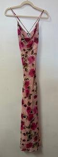More to Come Blush Pink Floral Print Satin Gown with Cowl Neckline and Lace-Up Open Back