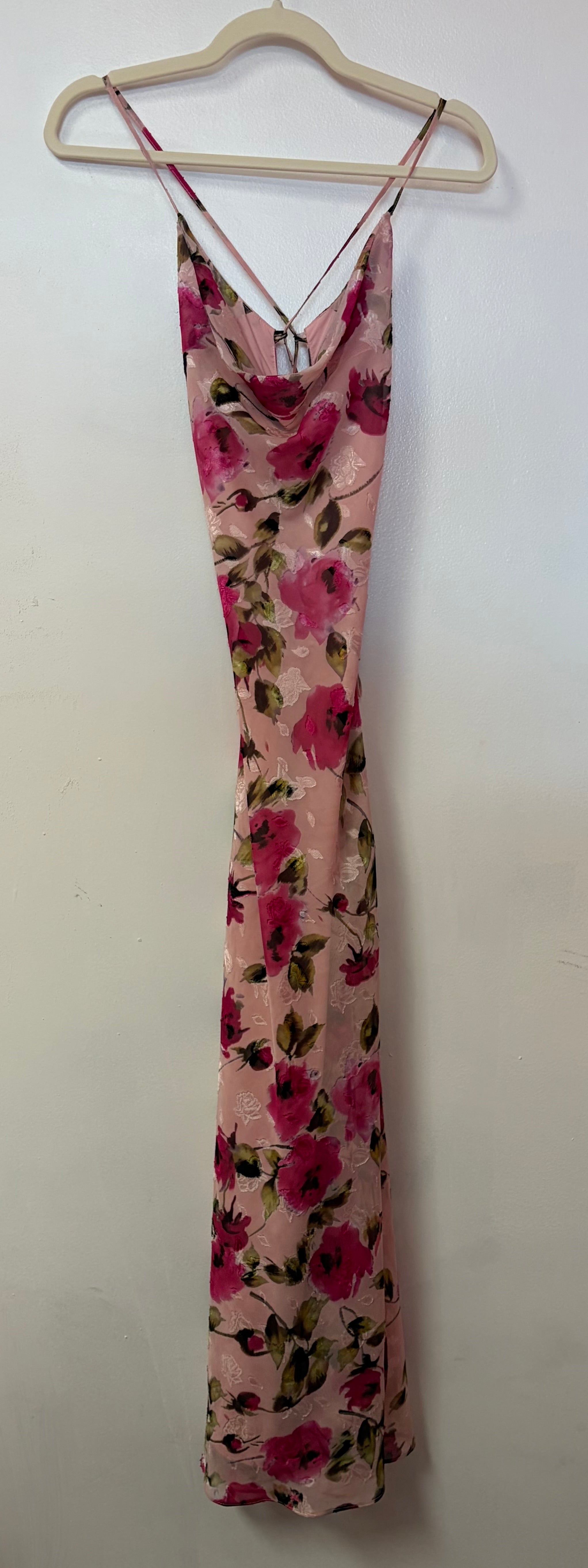 More to Come Blush Pink Floral Print Satin Gown with Cowl Neckline and Lace-Up Open Back