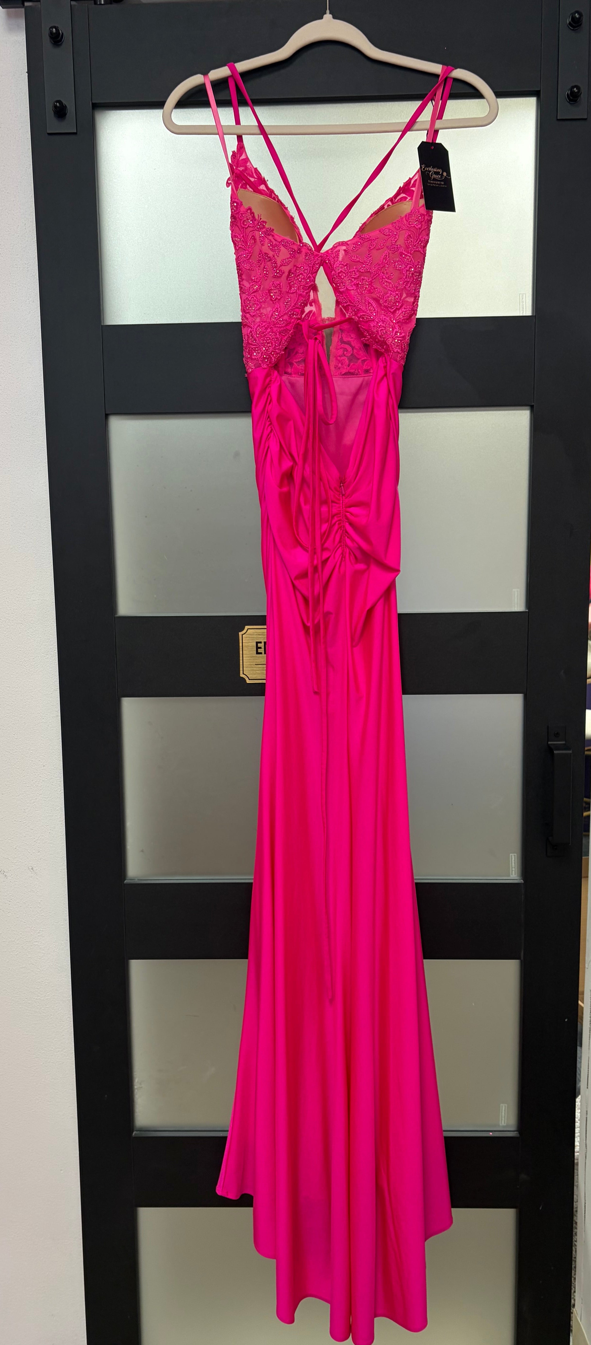 La Femme 30606 Hot Pink Satin Gown with Embellished Lace Bodice