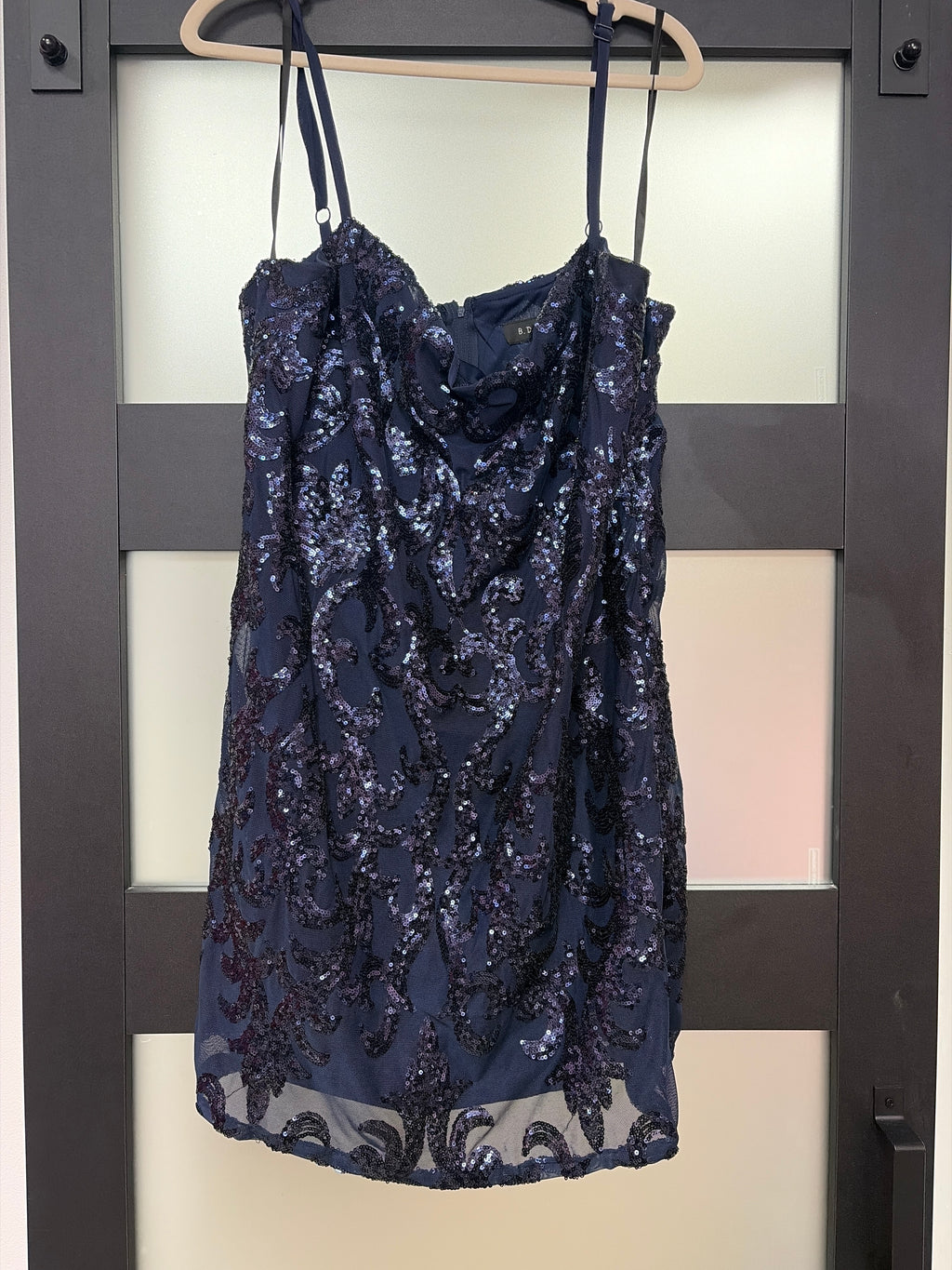 B Darlin Navy Blue Sequin Sheath Homecoming Dress with Scroll Embroidery