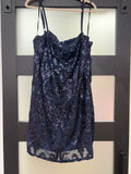 B Darlin Navy Blue Sequin Sheath Homecoming Dress with Scroll Embroidery