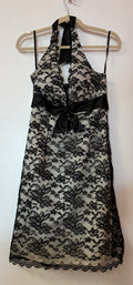 Black Lace Halter Cocktail Dress with Satin Waist Bow and Scalloped Hem