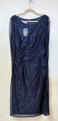 Oleg Cassini Navy Metallic Ruched Cocktail Dress with Draped Cape Sleeves and Statement Cowl Back