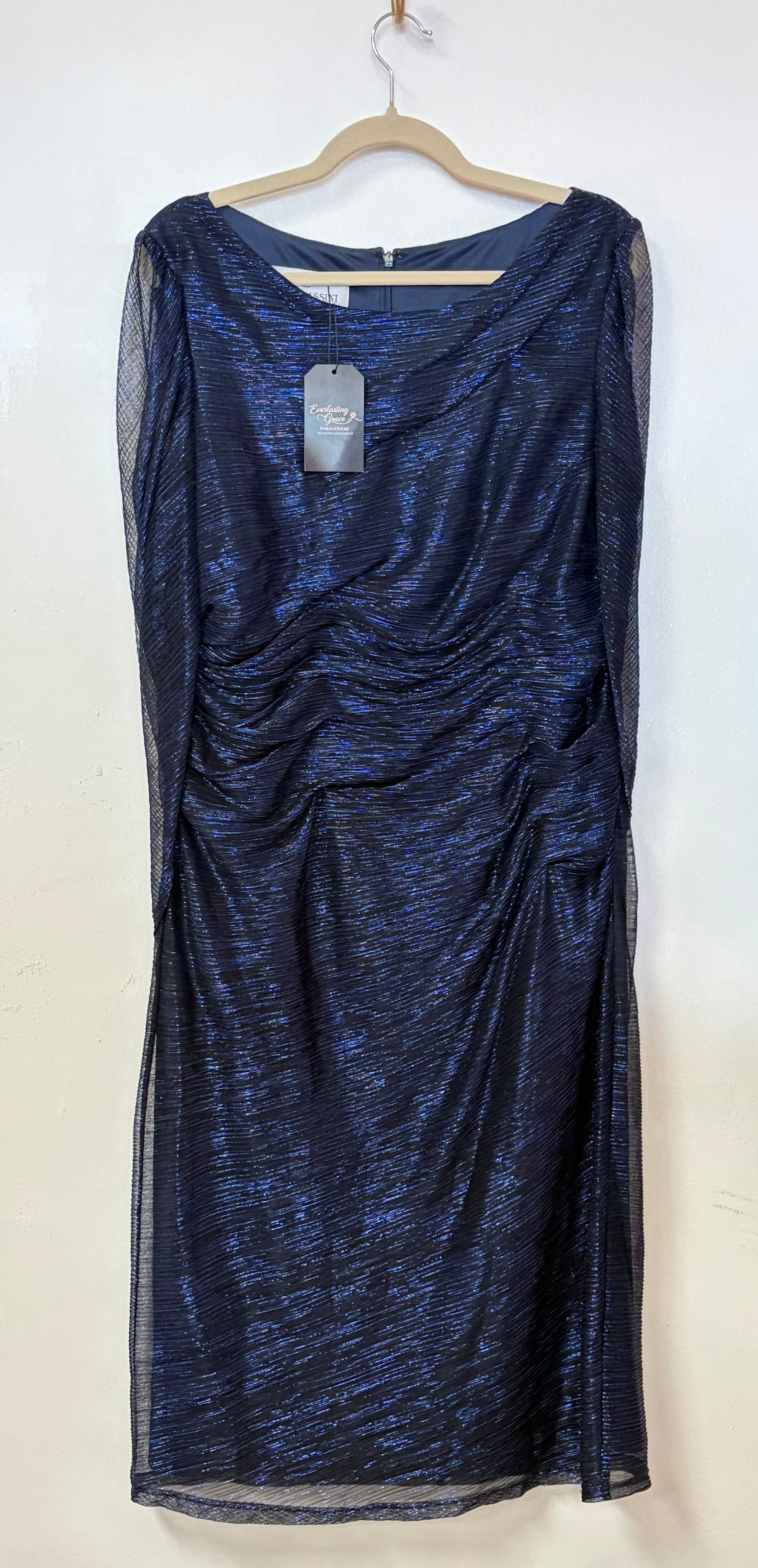 Oleg Cassini Navy Metallic Ruched Cocktail Dress with Draped Cape Sleeves and Statement Cowl Back