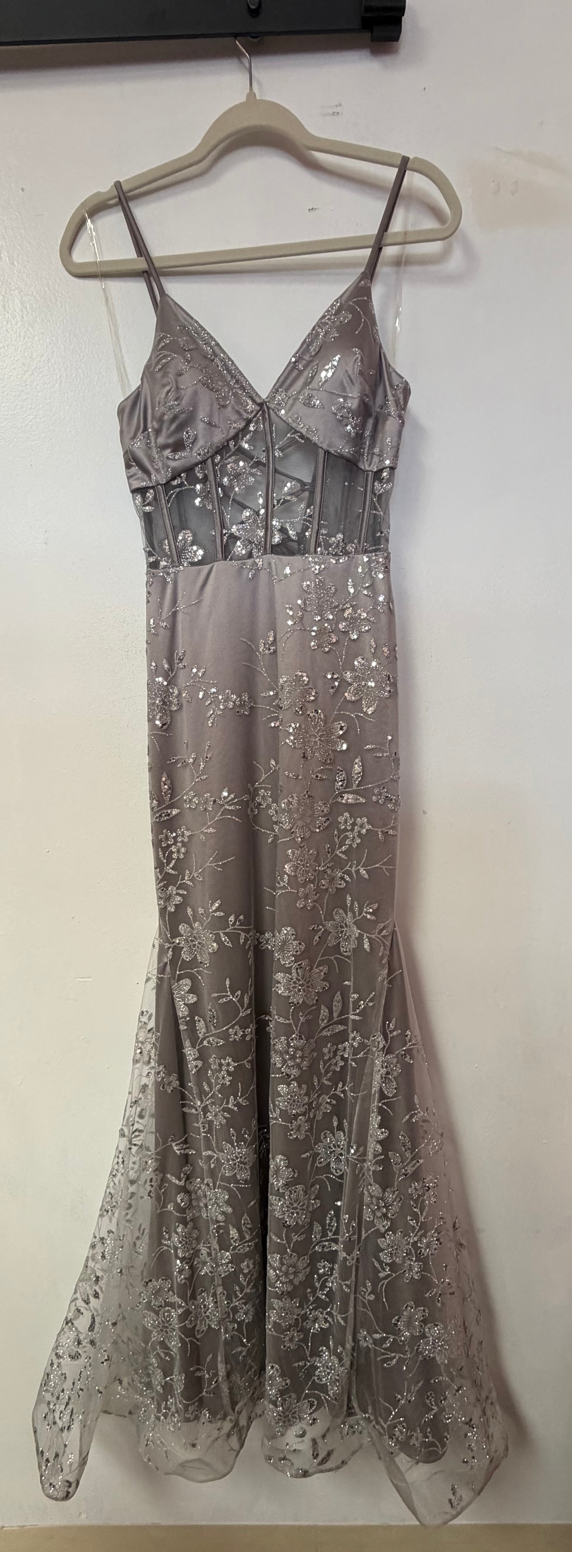 Dear Moon Silver Glitter Floral Lace Mermaid Formal Dress