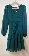 Altar’d State Emerald Shimmer Chiffon Mini Dress with Tiered Ruffles and Balloon Sleeves