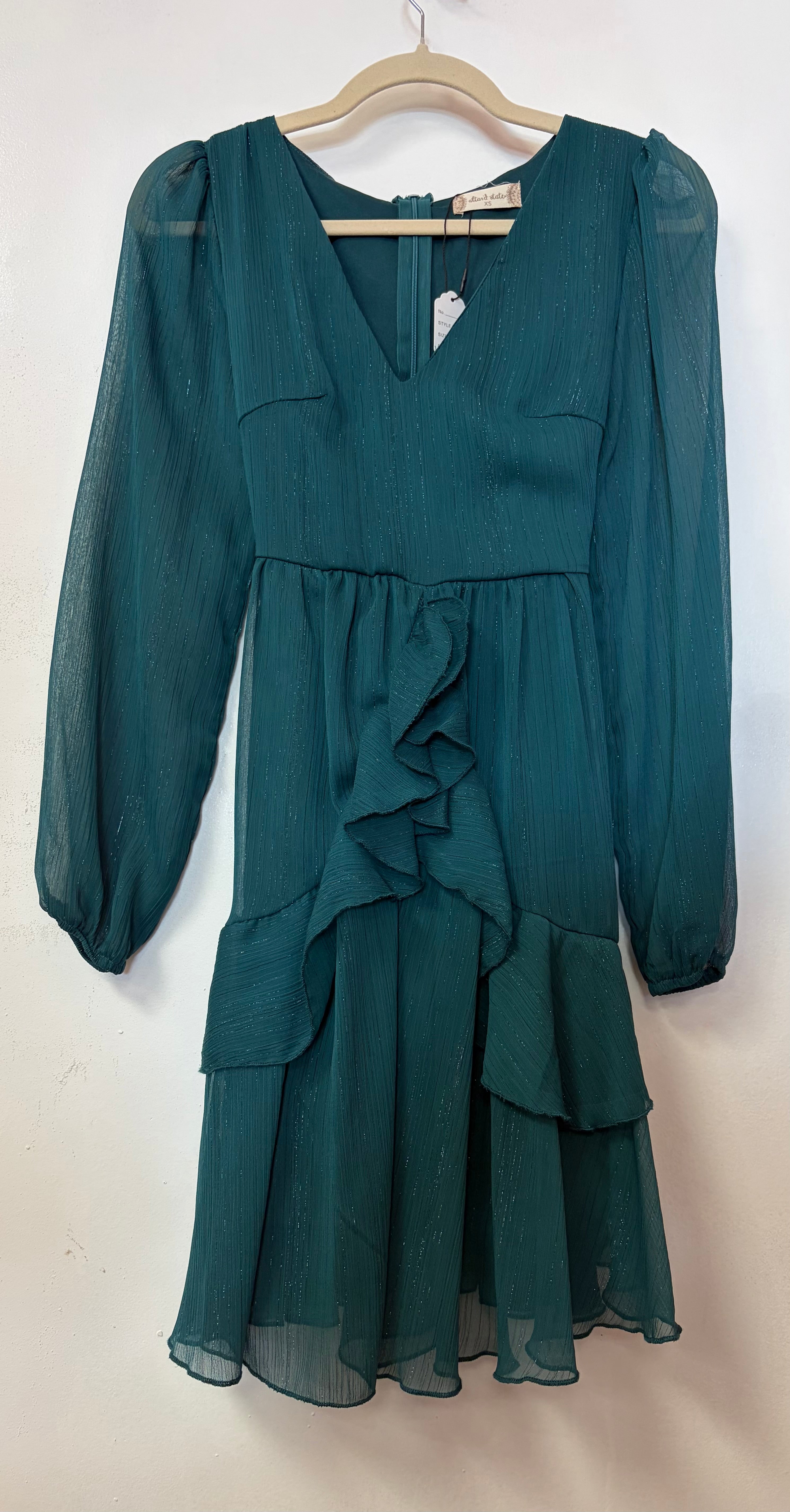 Altar’d State Emerald Shimmer Chiffon Mini Dress with Tiered Ruffles and Balloon Sleeves