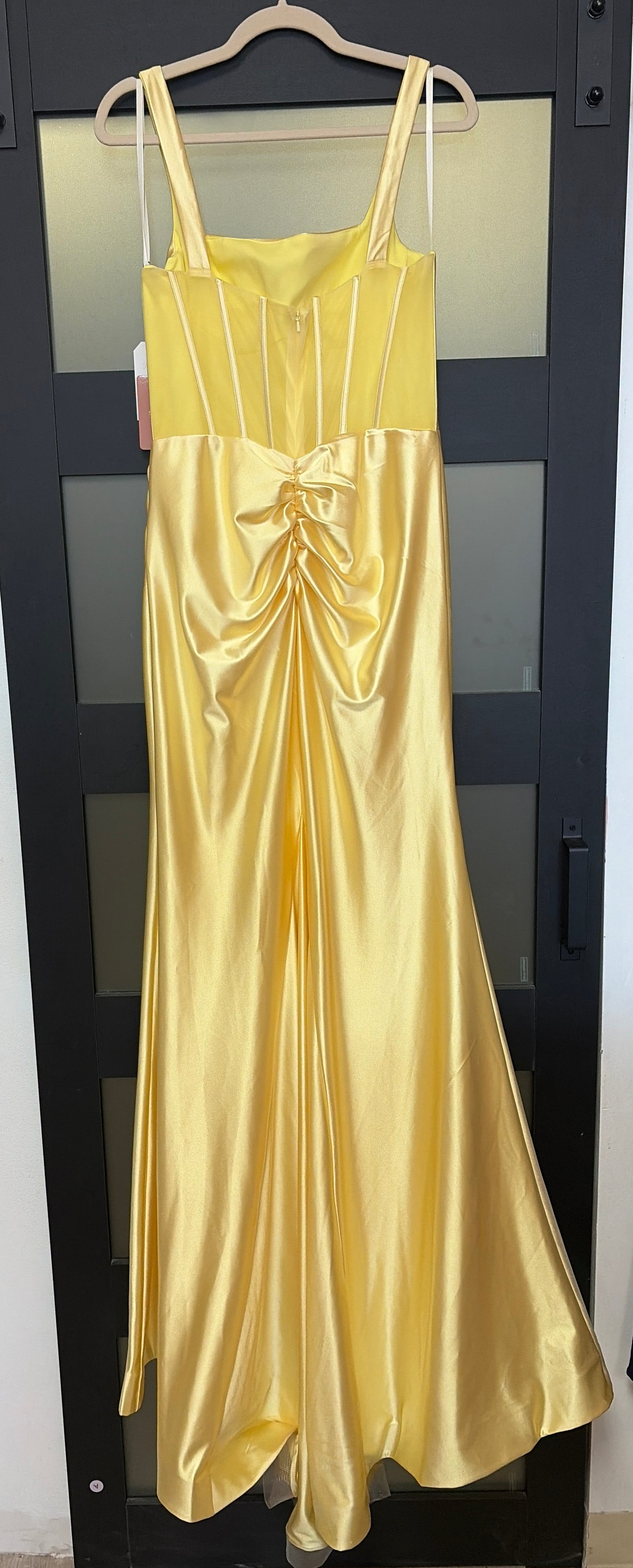 Stacees Yellow Satin Corset Formal Gown with Ruched Skirt and Leg Slit