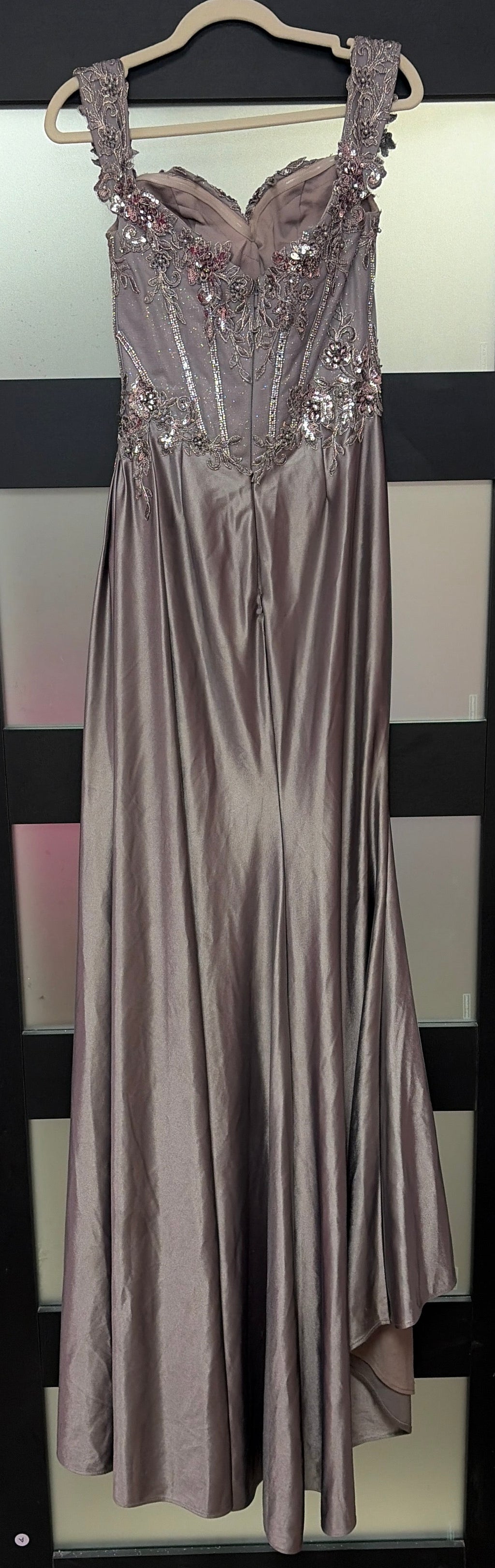 LaDivine CDS554 Silver Embellished Corset Prom Dress with Draped Satin Skirt and Slit