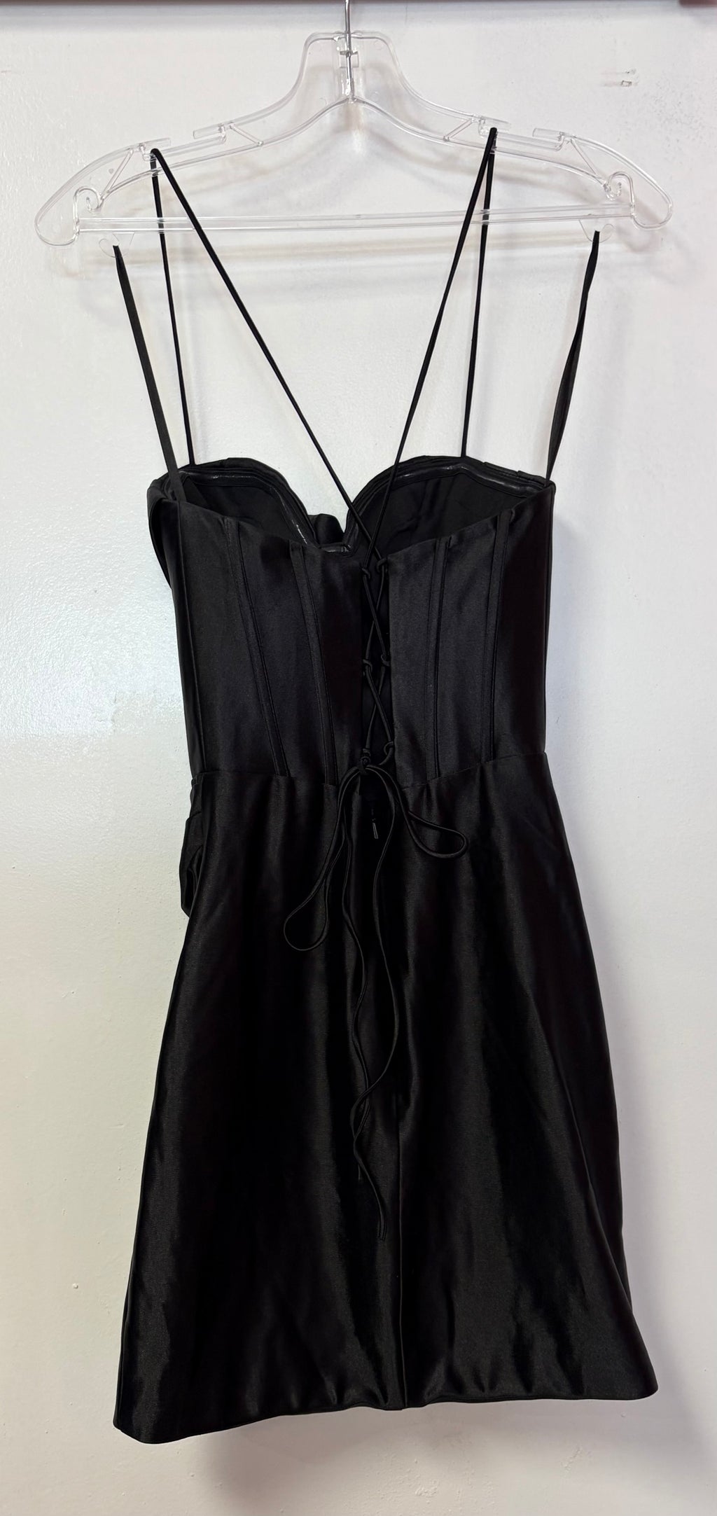 Nox Anabel E816 Black Satin Corset Homecoming Dress with Lace-Up Back
