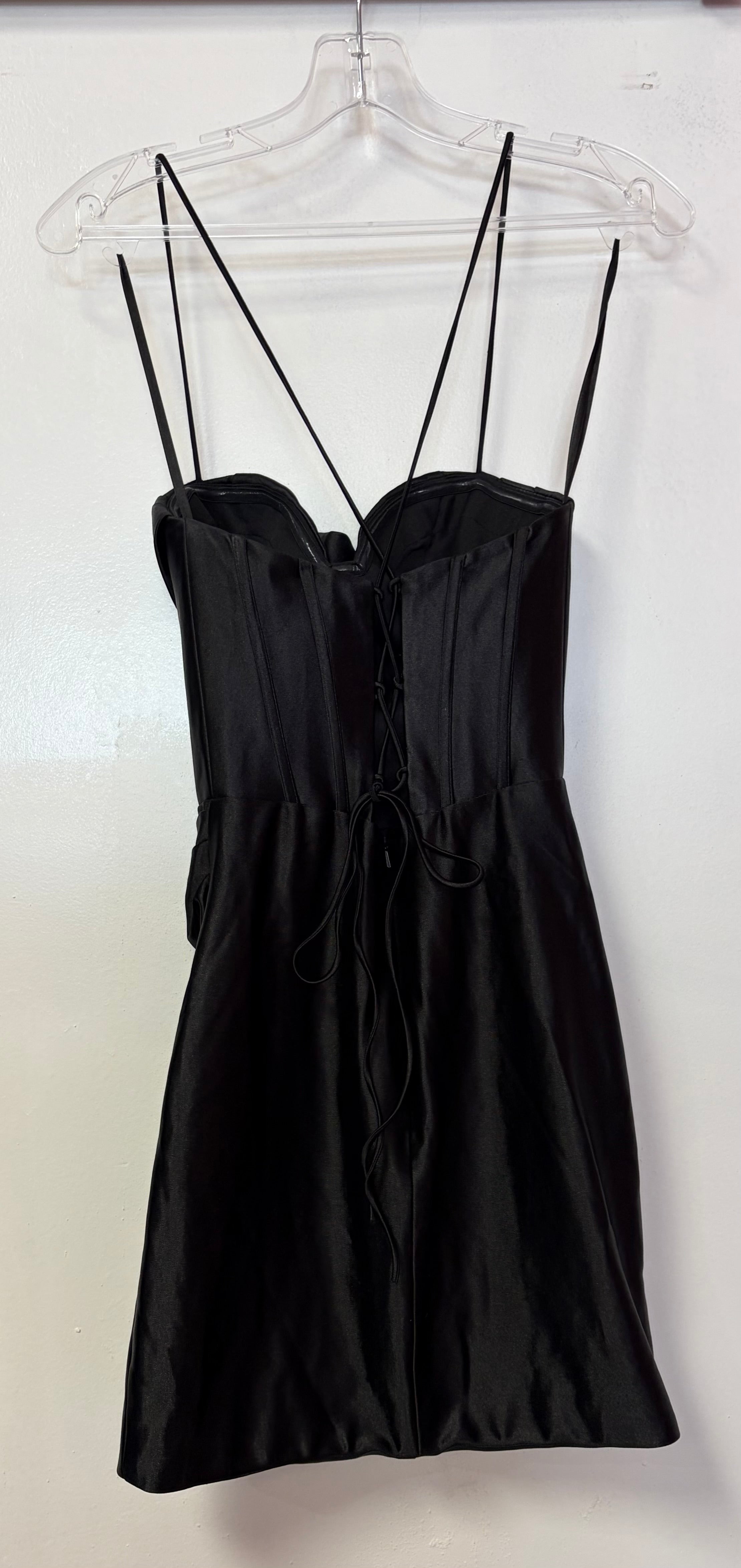 Nox Anabel E816 Black Satin Corset Homecoming Dress with Lace-Up Back