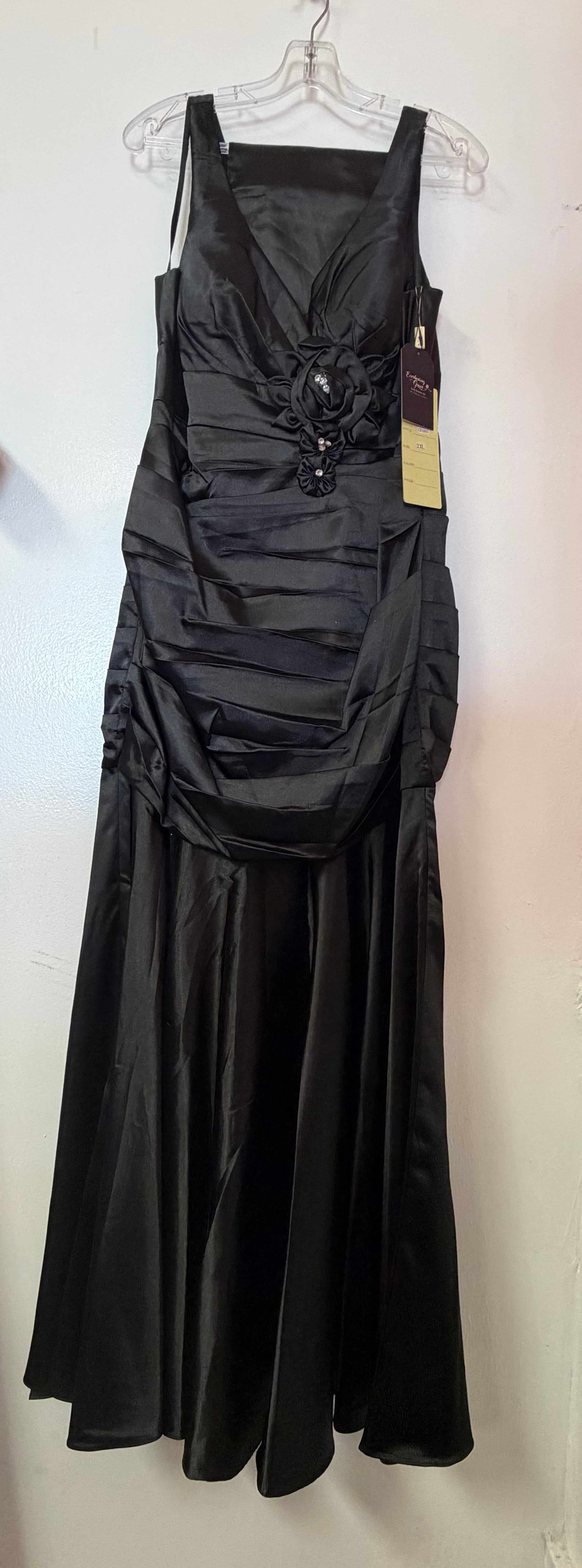 Chicas CH1087 Black Ruched Satin Mermaid Formal Dress with Floral Appliqué Detail