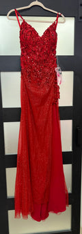 Morilee Red Beaded Corset Prom Gown with Glitter Tulle Overskirt