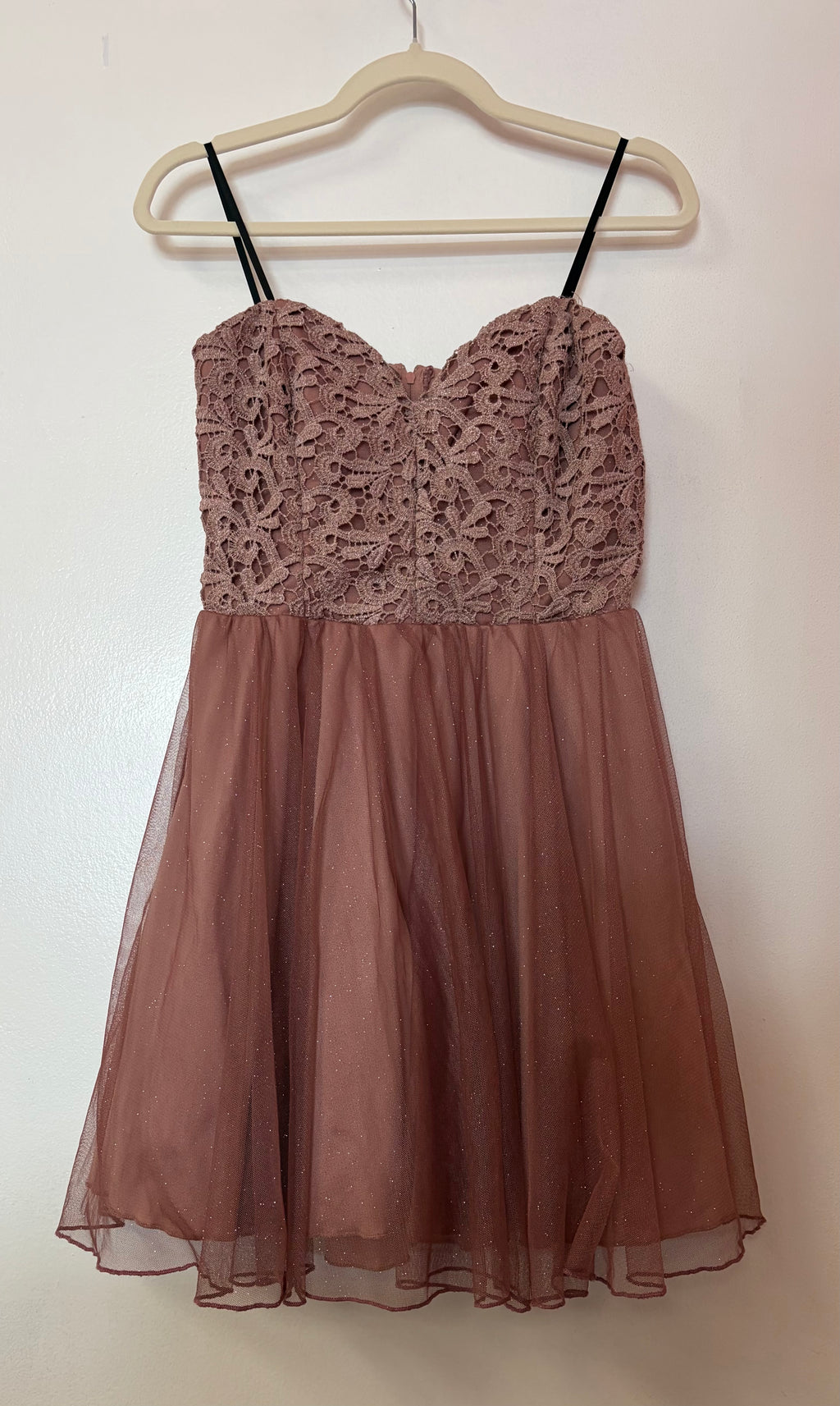 City Triangles Blush Lace Bodice Homecoming Dress with Shimmer Tulle Skirt