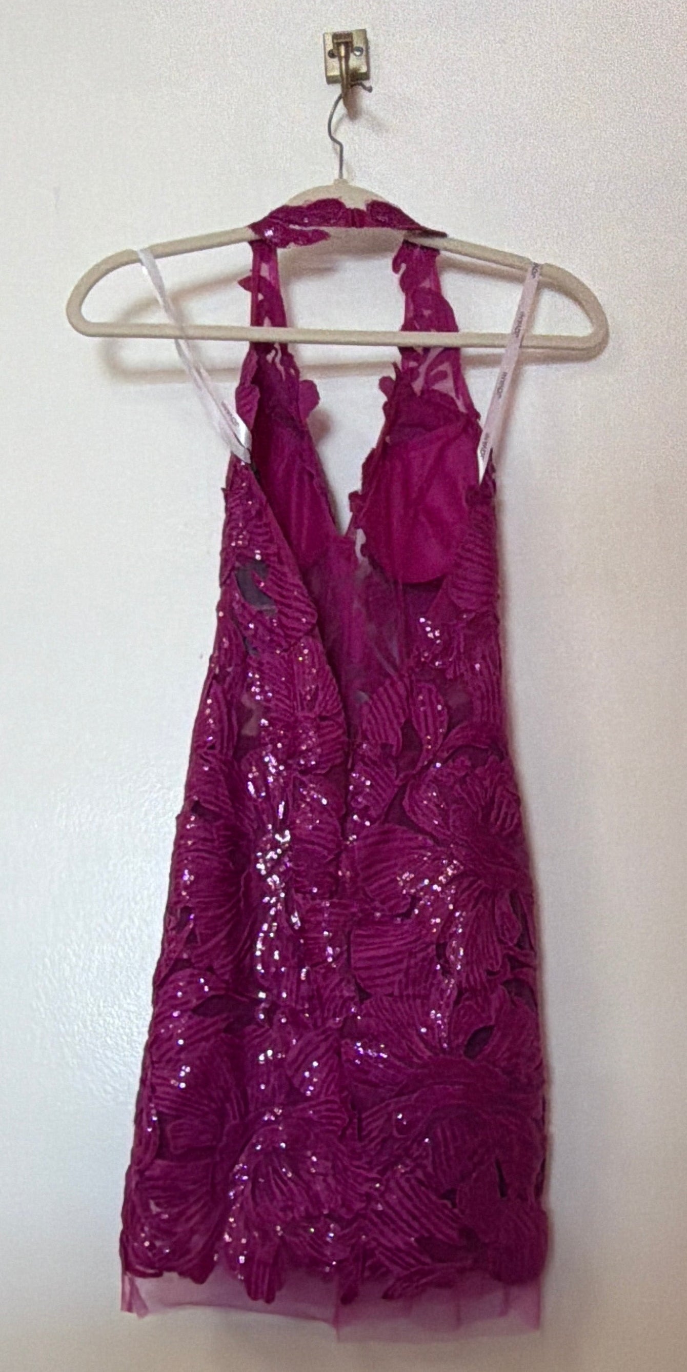 Jovani 04189 Magenta Sequin Lace Halter Homecoming Dress