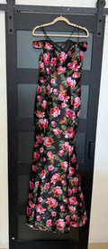 Black off the shoulder La Femme mermaid style gown with floral detail and lace up back