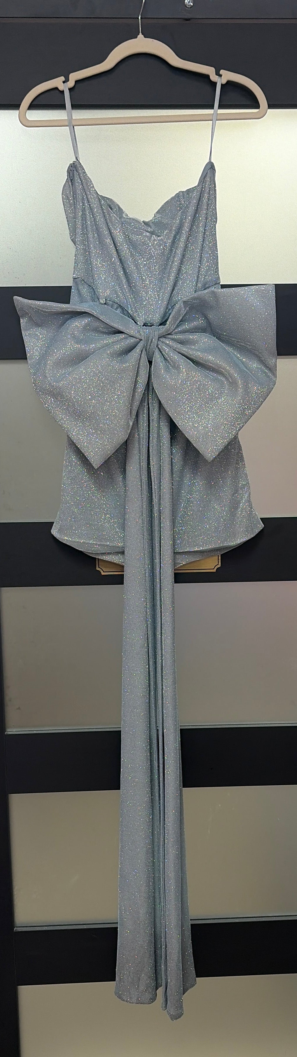 Windsor Silver Glitter Ruched Homecoming Dress with Oversized Detachable Bow